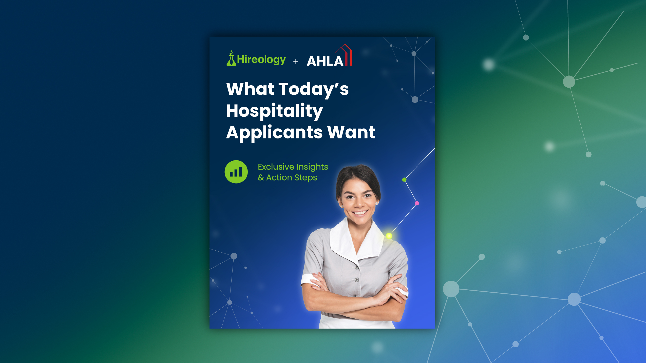 Smiling female hospitality worker in uniform with text about hospitality applicants and insights on blue background.
