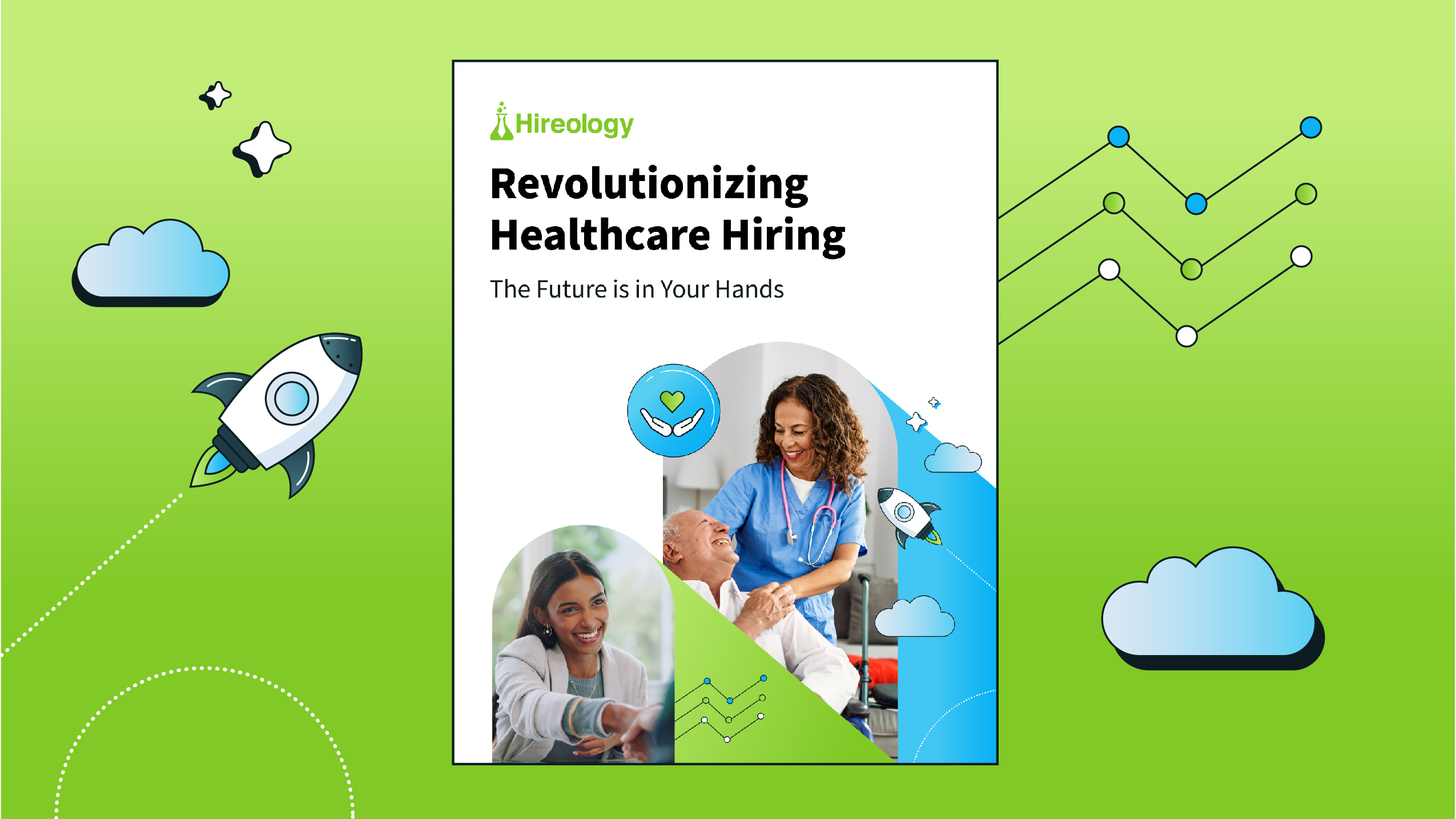 Healthcare hiring ad with images of nurse with patient, businesswoman, rocket, and cloud icons on green background.