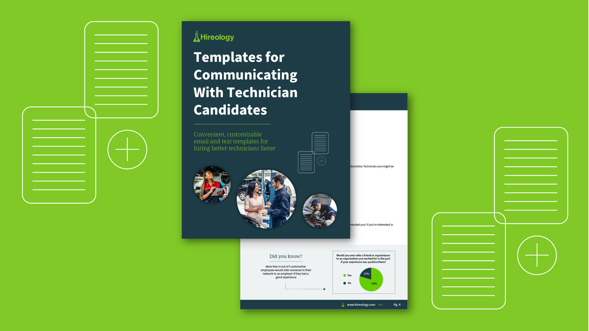 Guide titled 'Templates for Communicating With Technician Candidates' over green background with document icons.