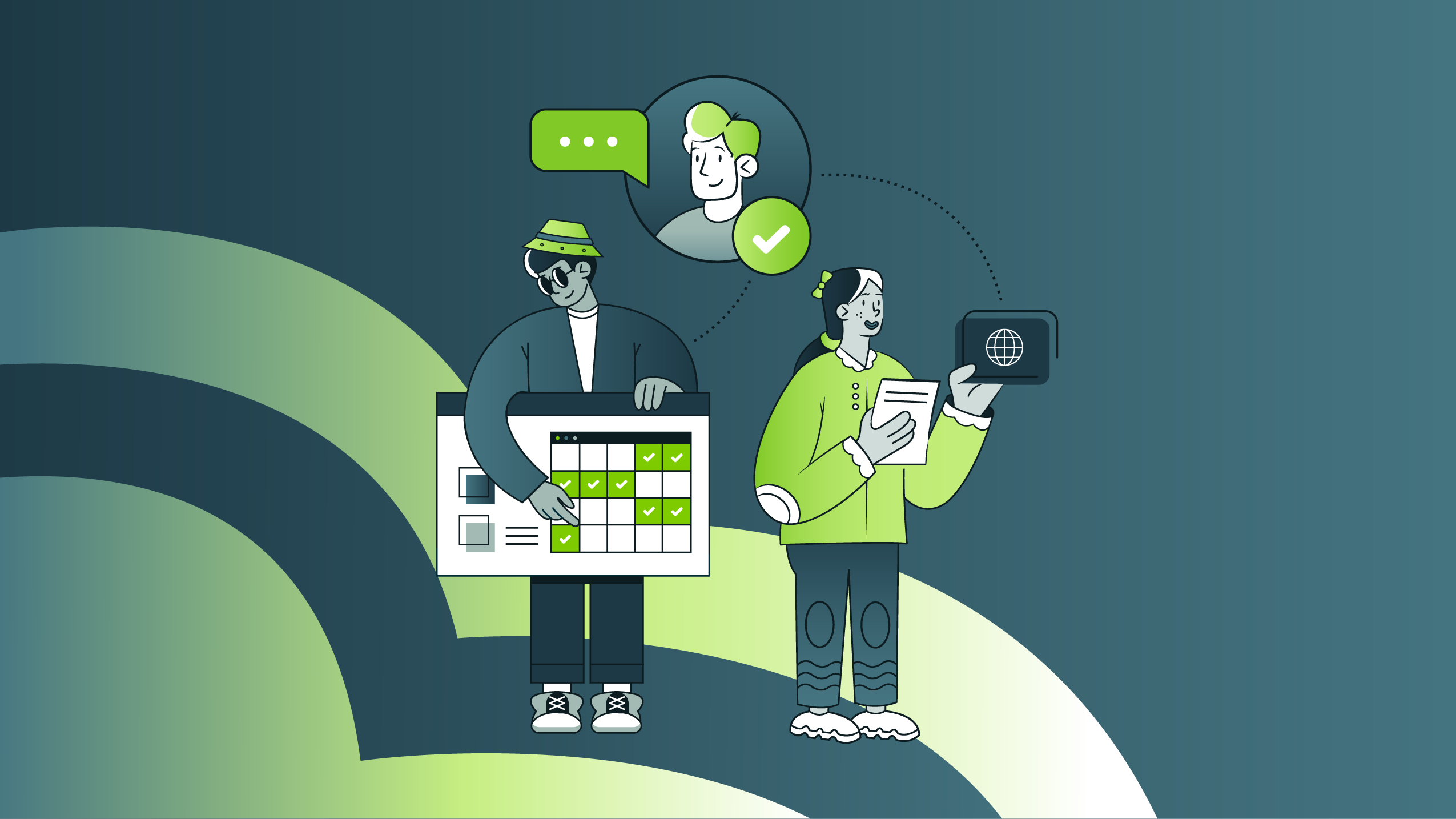 Two people with digital tablet and calendar, connected to a user icon with chat bubble and checkmark.