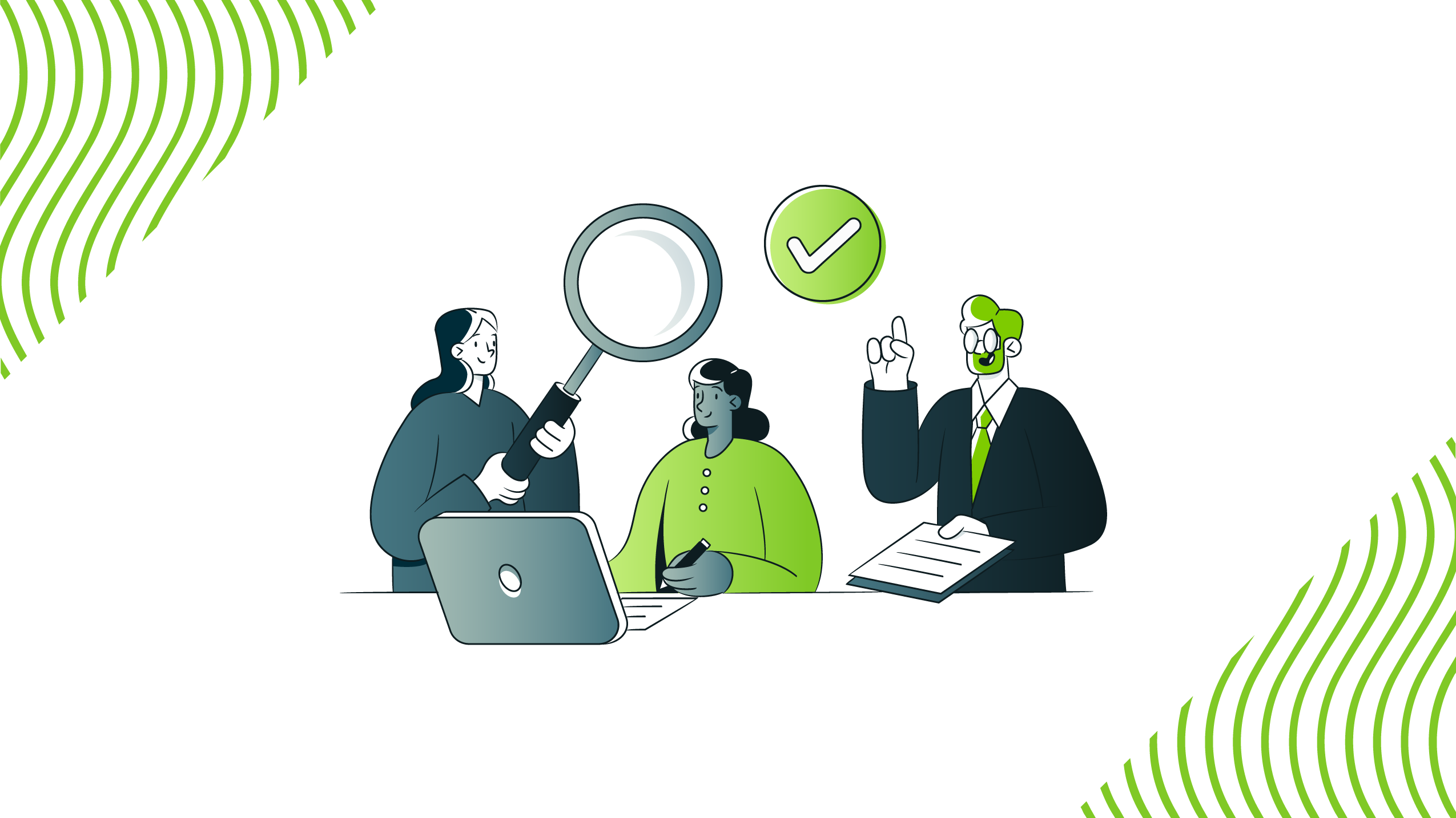 Illustration of three people, one holding a magnifying glass, one at a laptop, and one with documents and a checkmark above.