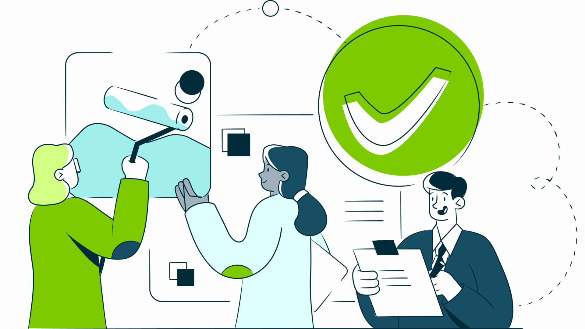 Three people reviewing a painted image with a large green checkmark symbolizing approval.