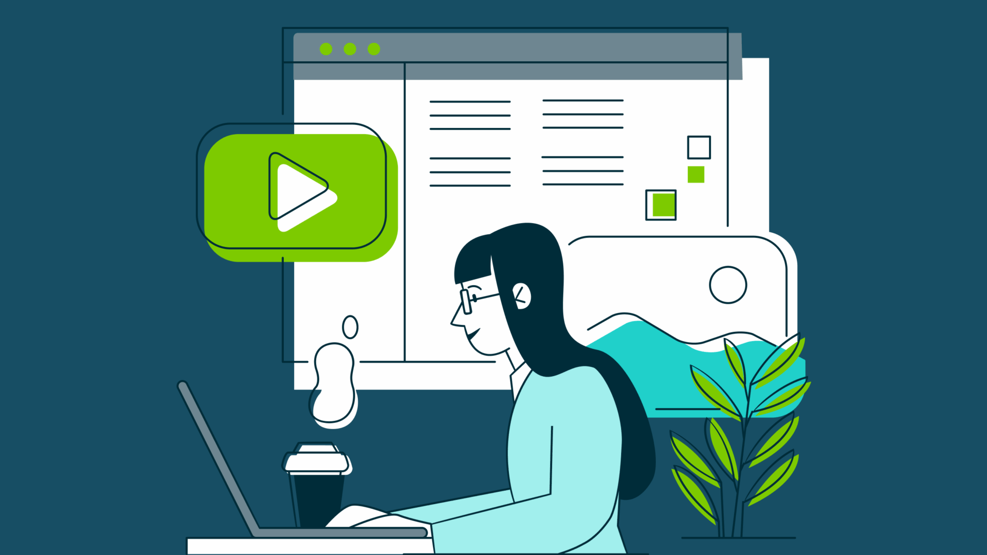 Illustration of a woman with glasses working on a laptop with media and infographic elements behind her.