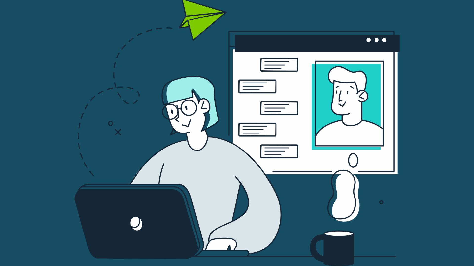 Person with glasses using a laptop, a chat window showing a male avatar, a green paper plane flying above.