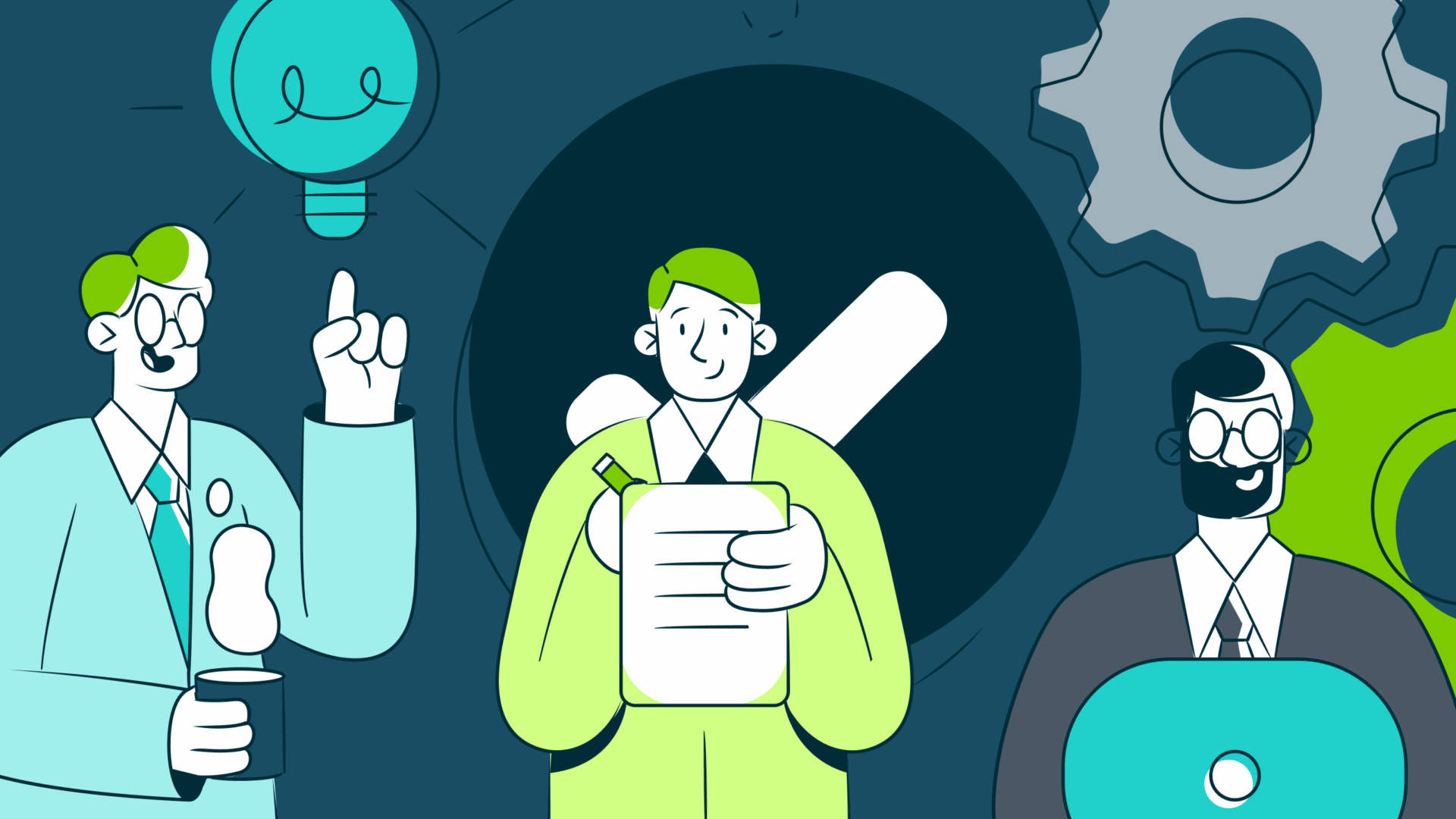 Three business people in suits with light bulb and gears representing ideas and teamwork.