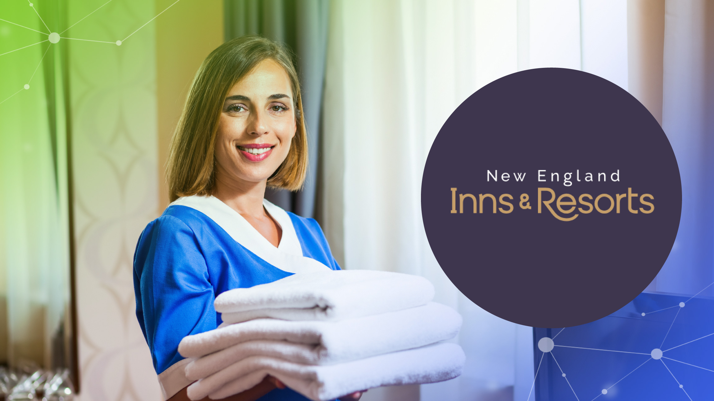 Smiling hotel staff in blue uniform holding folded white towels indoors, with New England Inns & Resorts logo.