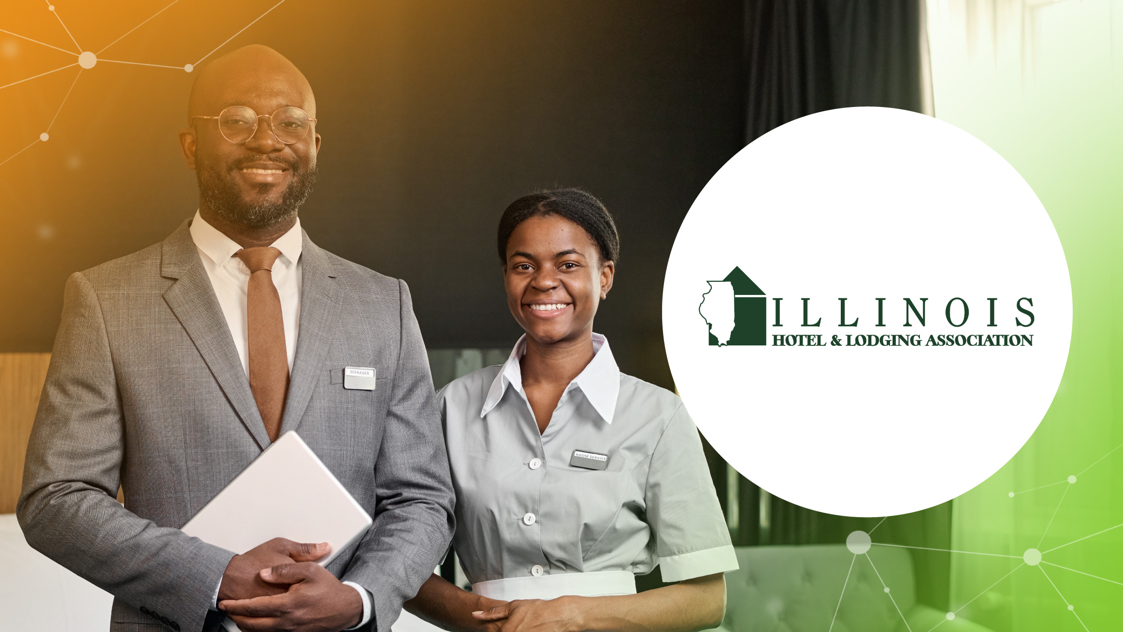 Smiling hotel manager and room service staff standing beside Illinois Hotel & Lodging Association logo.