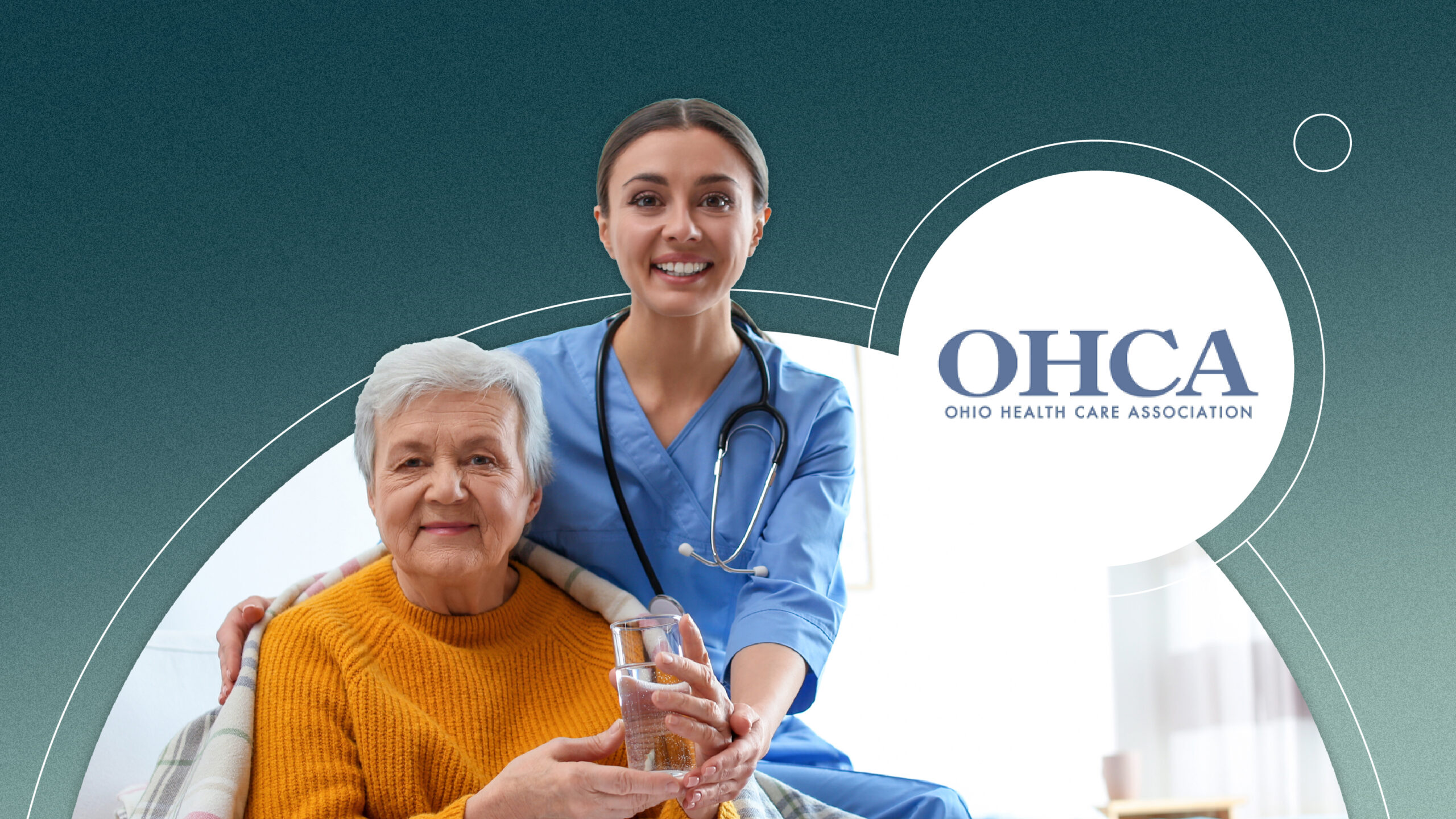 Smiling nurse in blue scrubs assisting elderly woman in yellow sweater holding a glass of water.