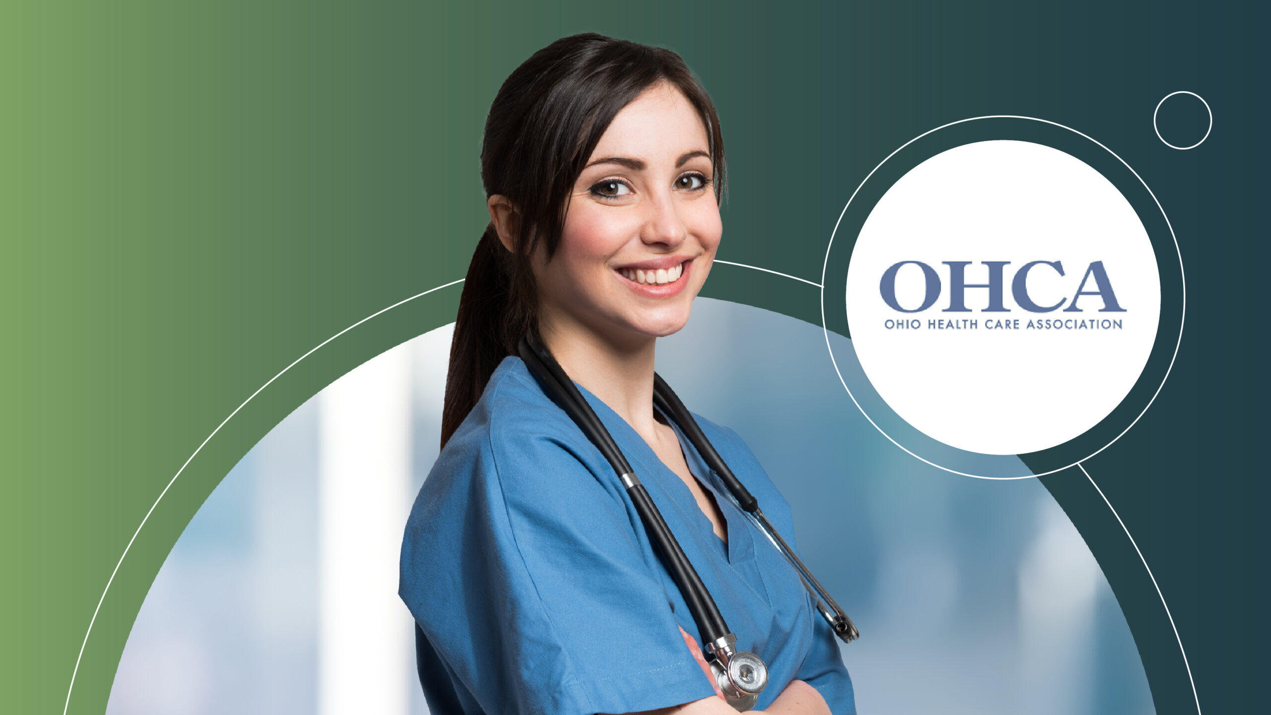 Smiling female healthcare worker in blue scrubs with stethoscope, OHCA Ohio Health Care Association logo.