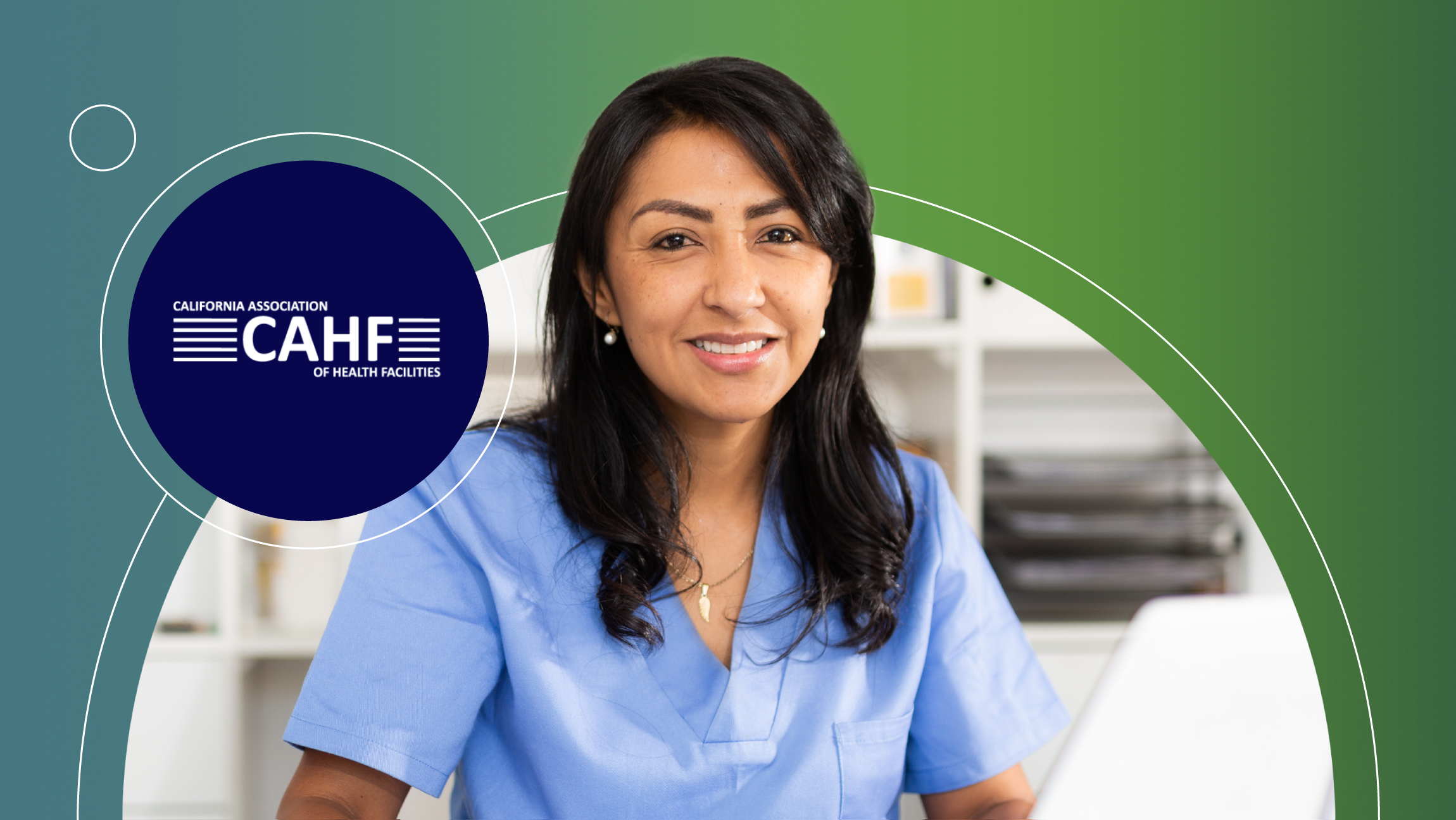 Smiling woman in blue medical scrubs with a laptop, with CAHF logo on green background.