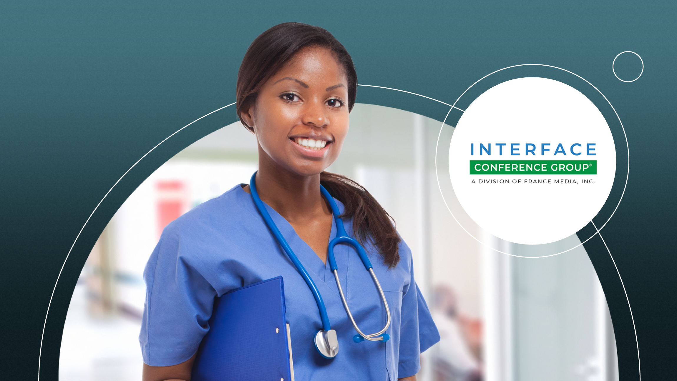 Smiling nurse in blue scrubs with stethoscope and clipboard, Interface Conference Group logo nearby.