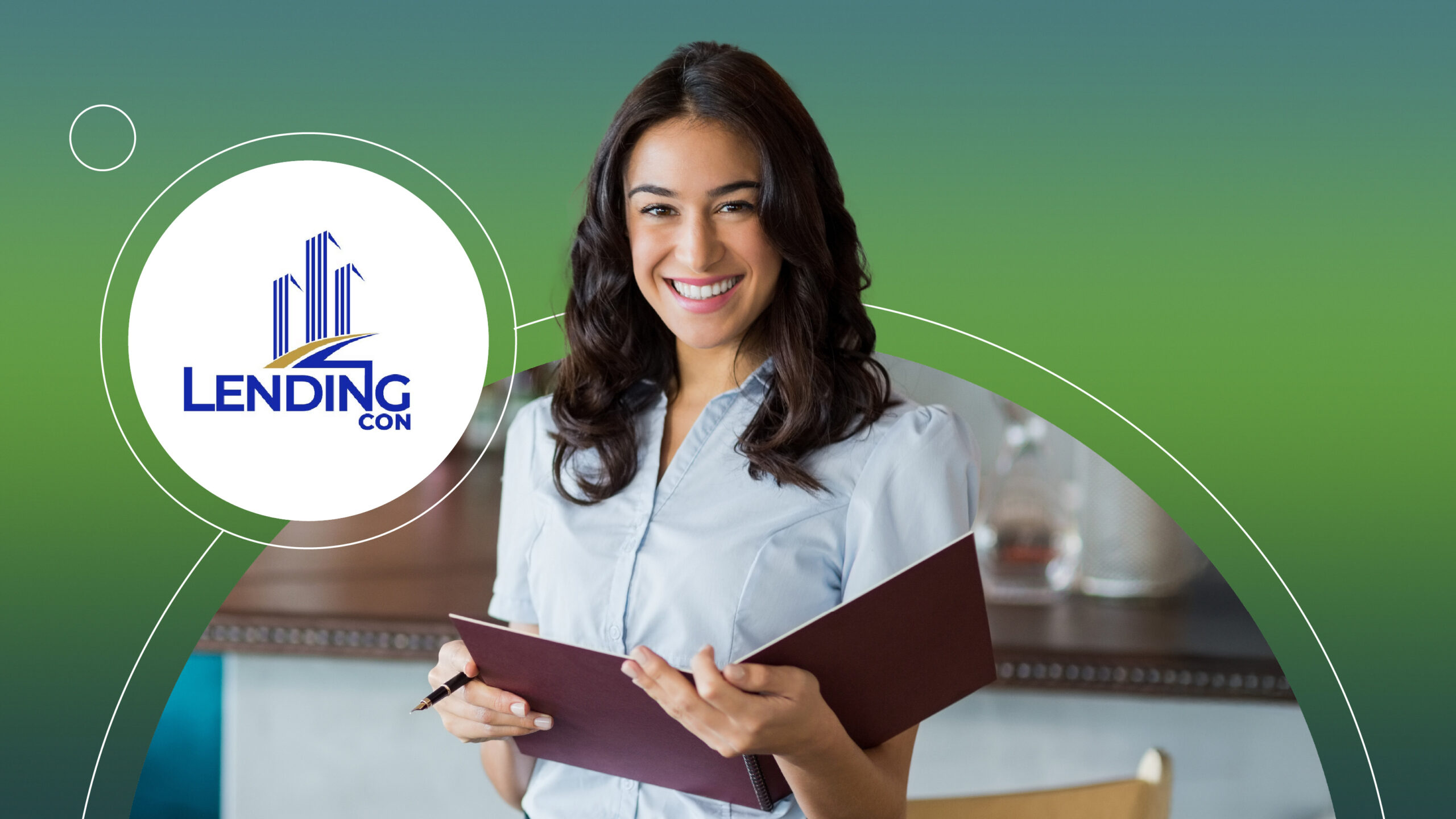 Smiling woman holding a notebook and pen with Lending Con logo on a green gradient background.