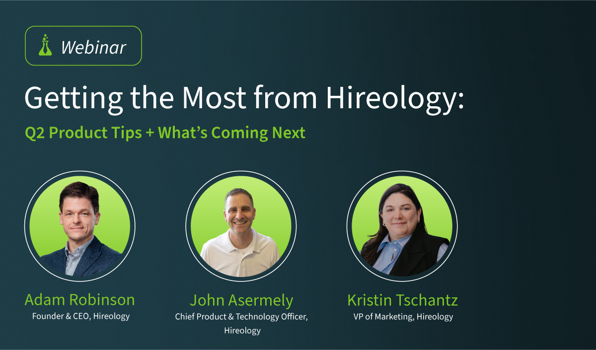 Webinar promo for Hireology Q2 product tips with headshots of Adam Robinson, John Asermely, and Kristin Tschantz.