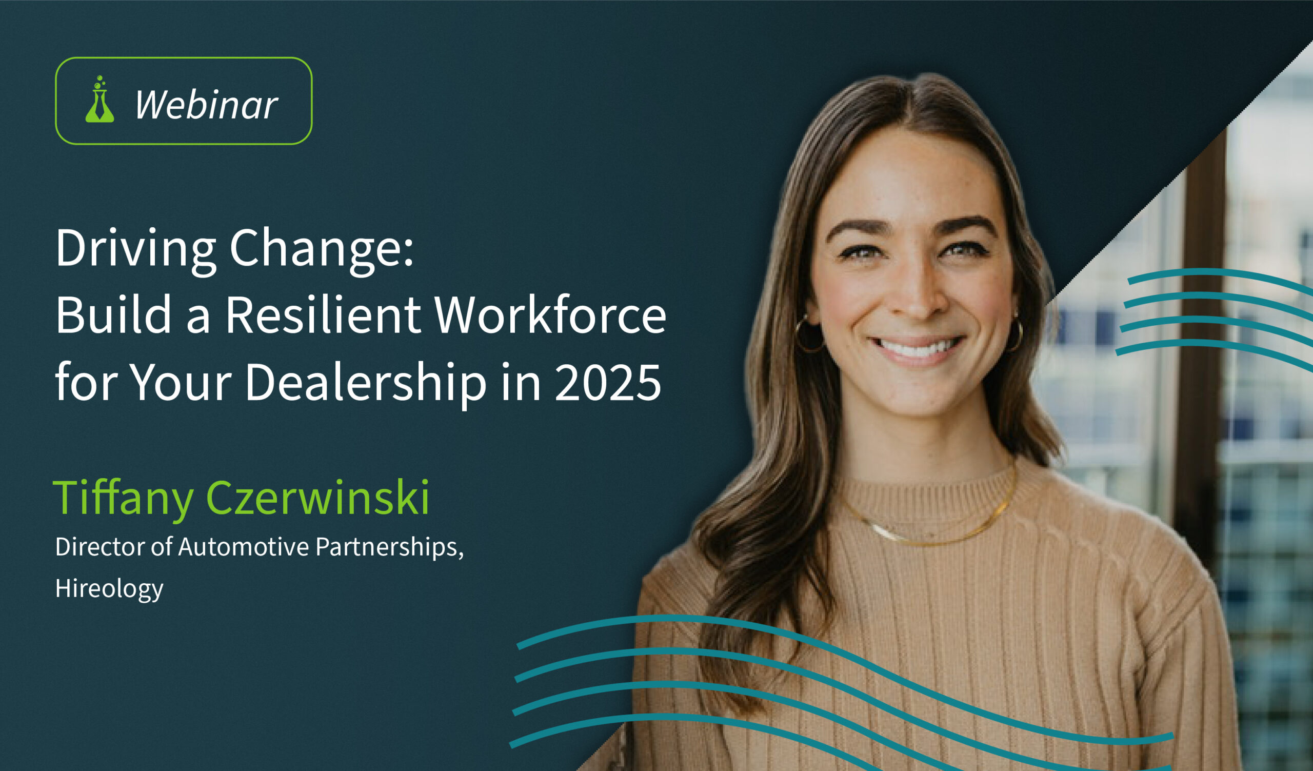 Smiling woman with long hair in tan sweater, next to text about a webinar on building a resilient workforce.