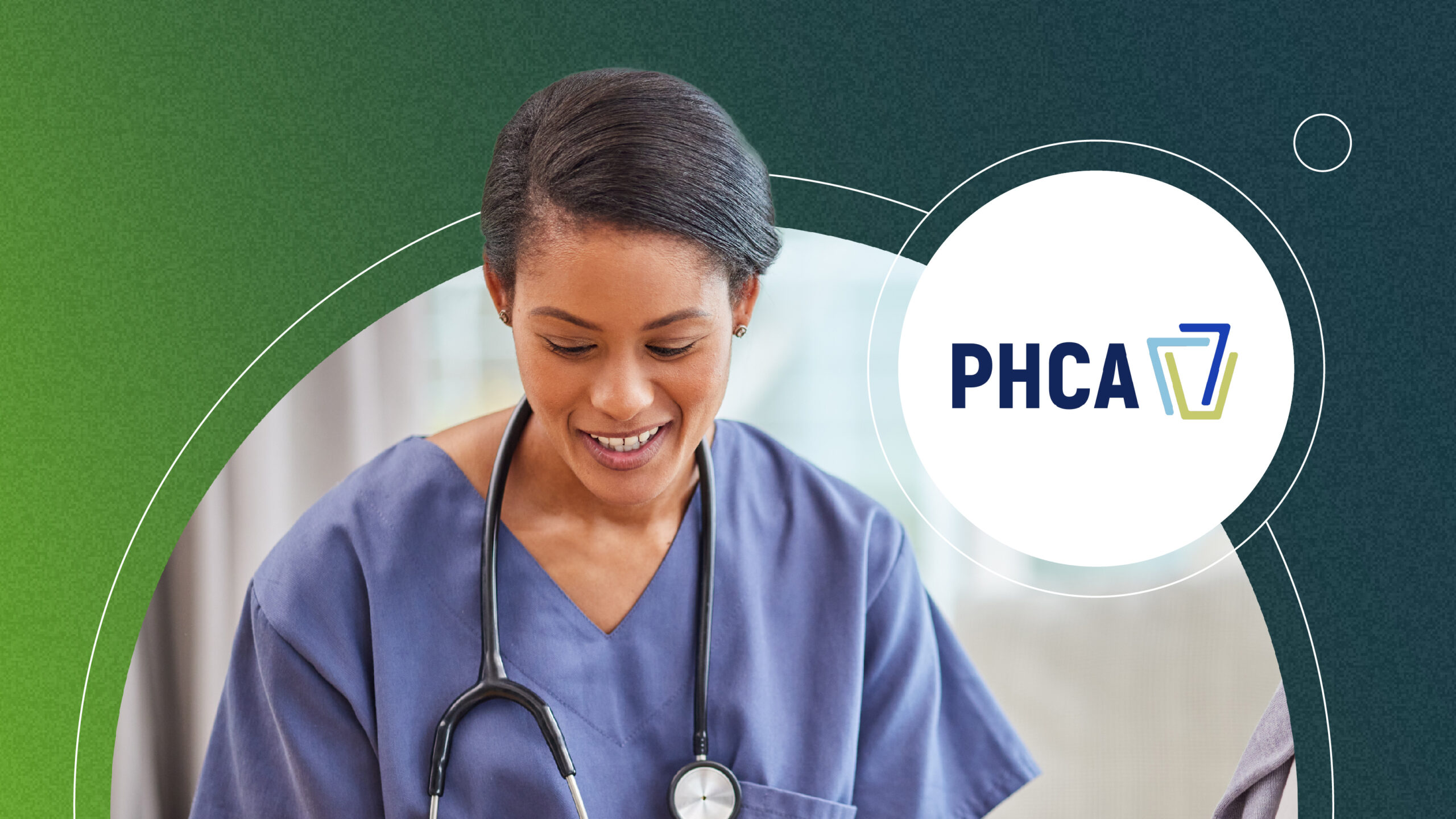 Smiling female nurse in blue scrubs wearing a stethoscope, with PHCA logo on a green and blue background.