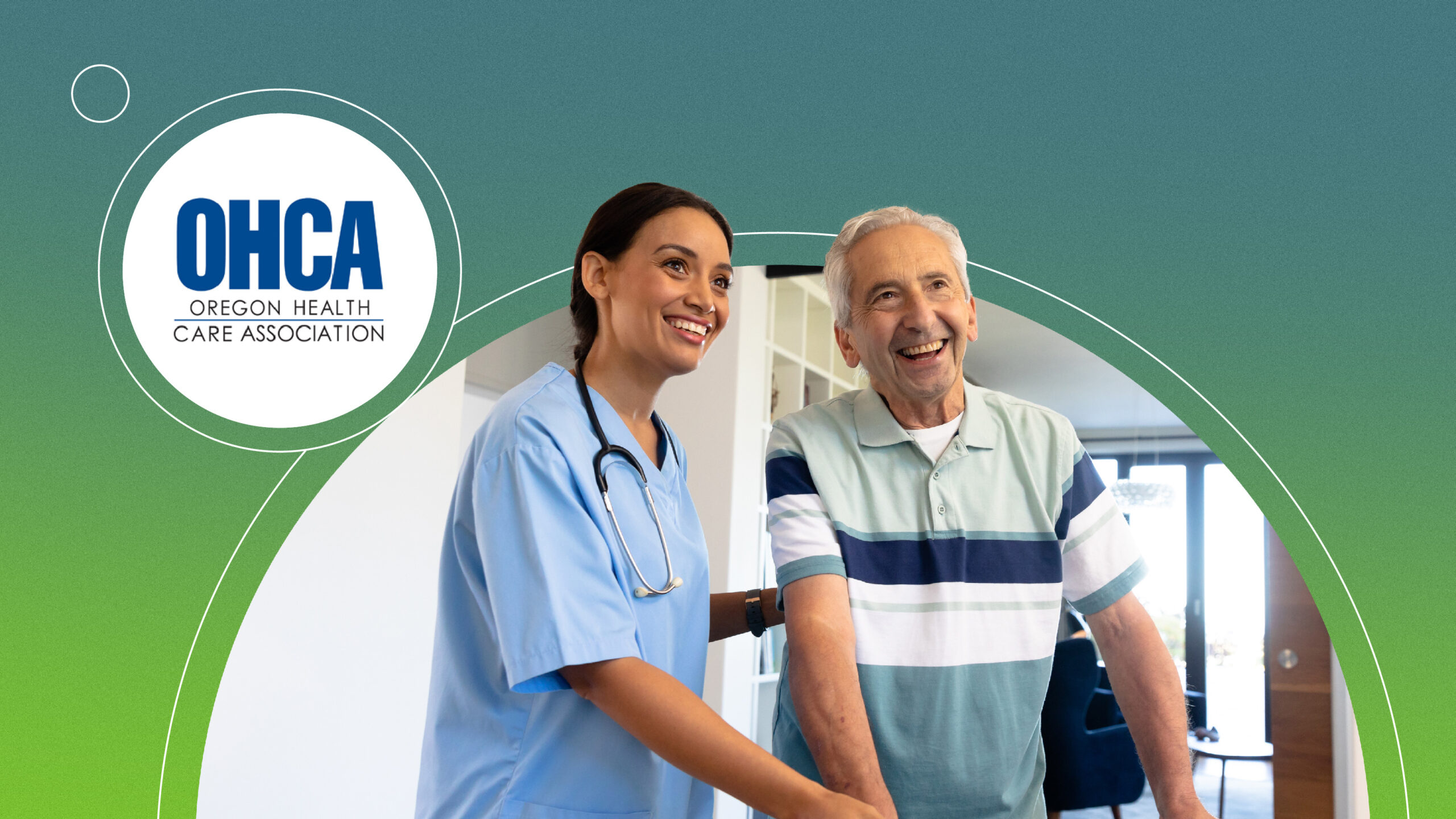Smiling nurse in blue scrubs assists happy elderly man with walking indoors.