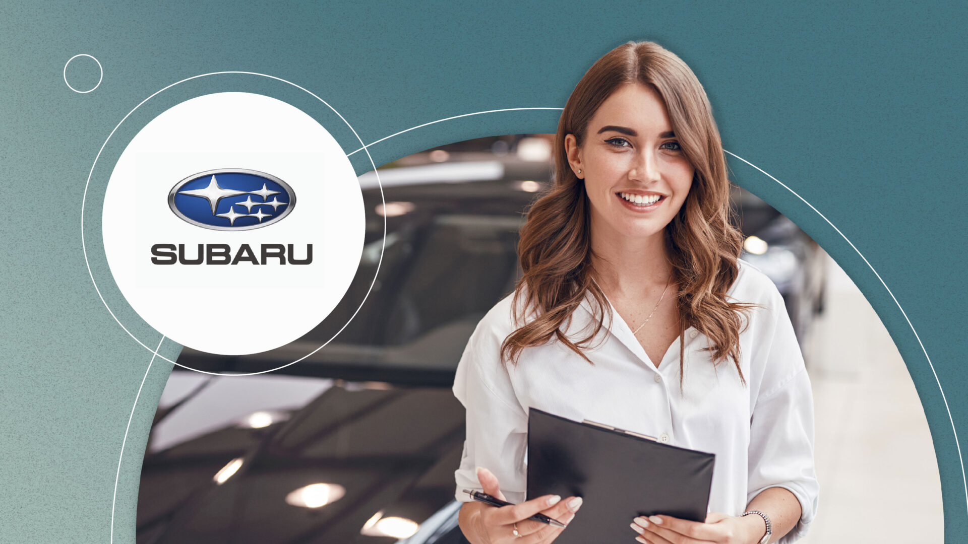 Smiling woman holding clipboard in front of a car with Subaru logo overlay on teal background.