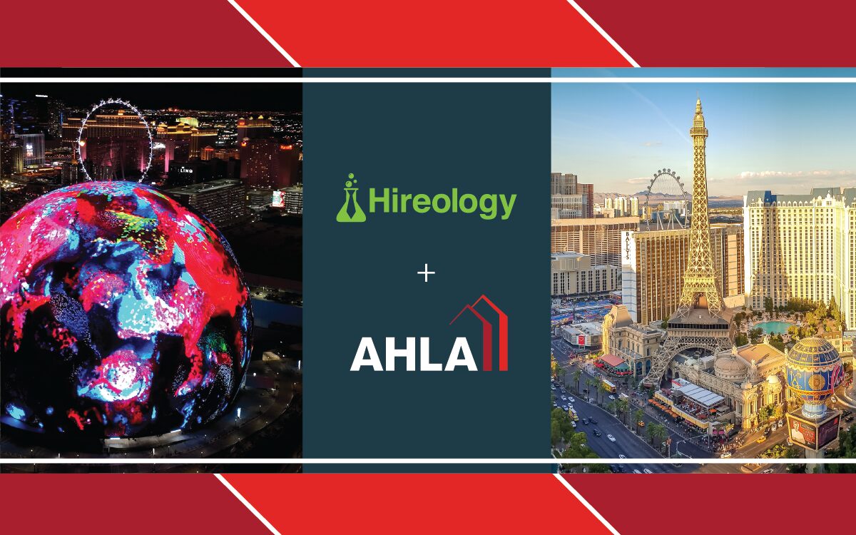 Night and day views of Las Vegas with Hireology and AHLA logos centered on a dark blue panel.