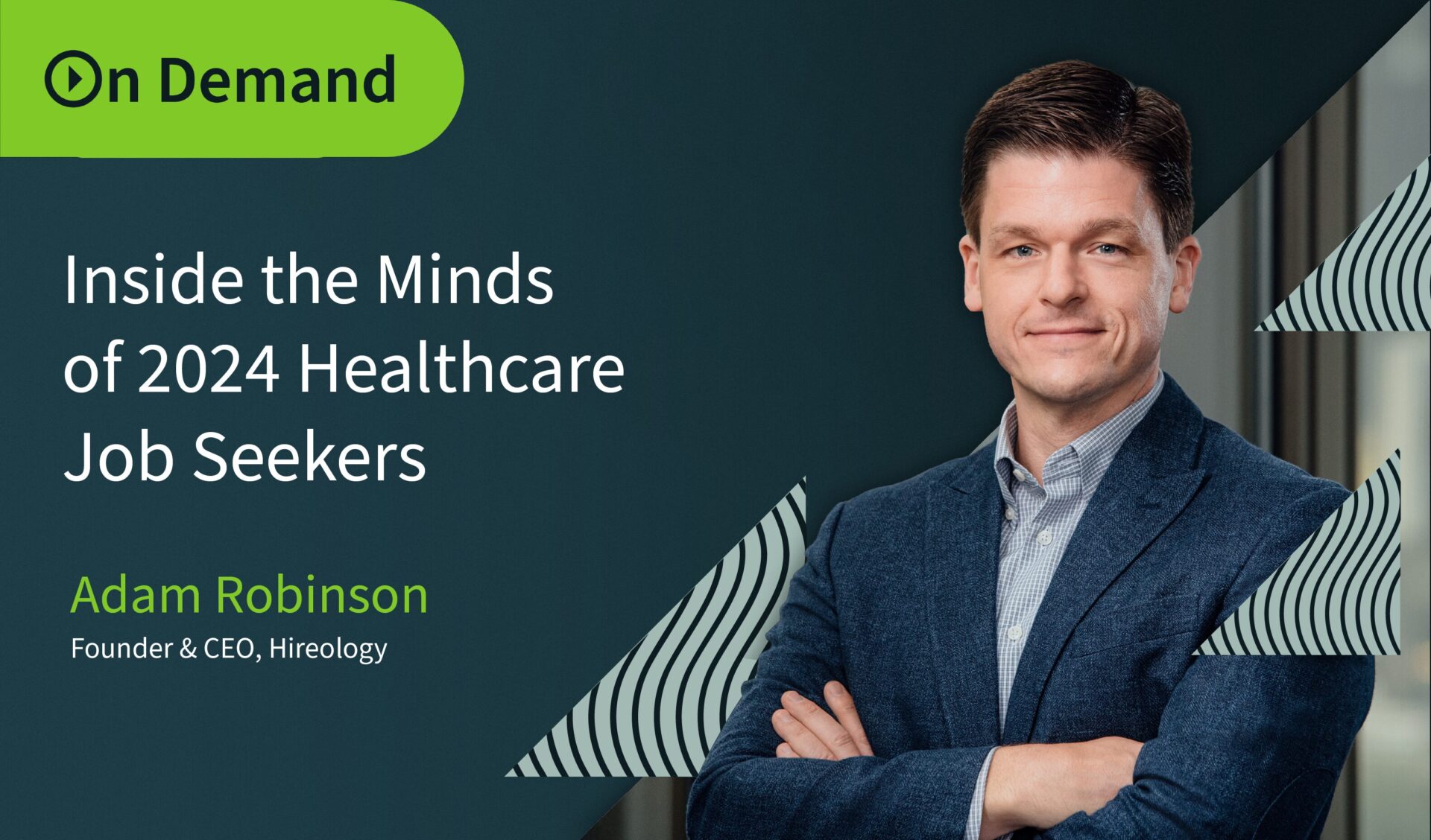 Smiling man in blue blazer with arms crossed, with text about 2024 healthcare job seekers webinar.