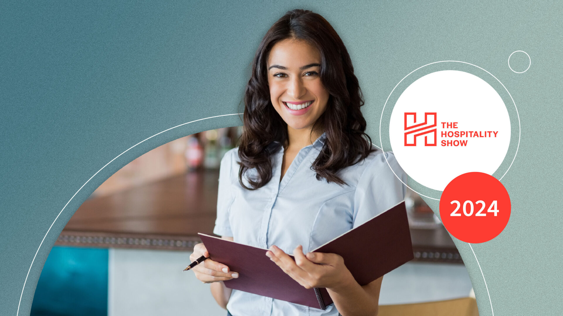 Smiling woman in light blue shirt holding a pen and menu, with Hospitality Show 2024 logo.