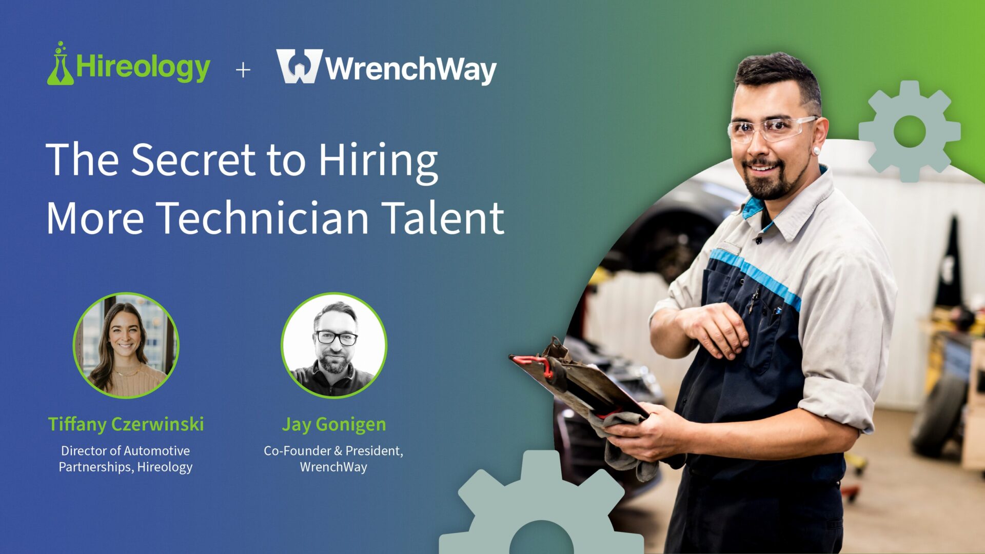 Smiling male technician holding a clipboard in a garage with Hireology and WrenchWay logos and text.