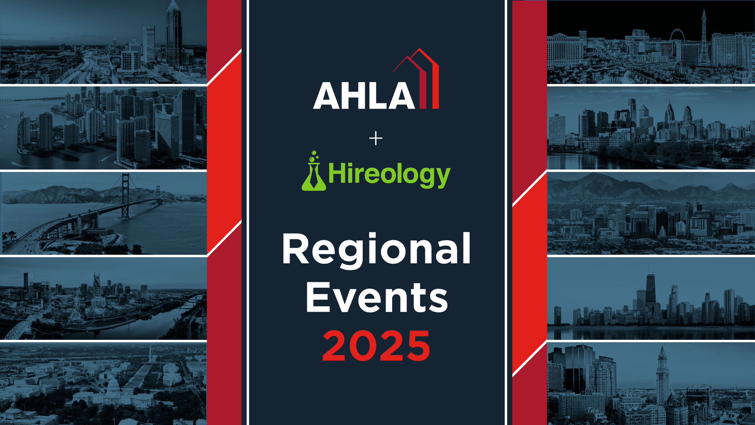 AHLA and Hireology logos with text Regional Events 2025 surrounded by city skyline images.
