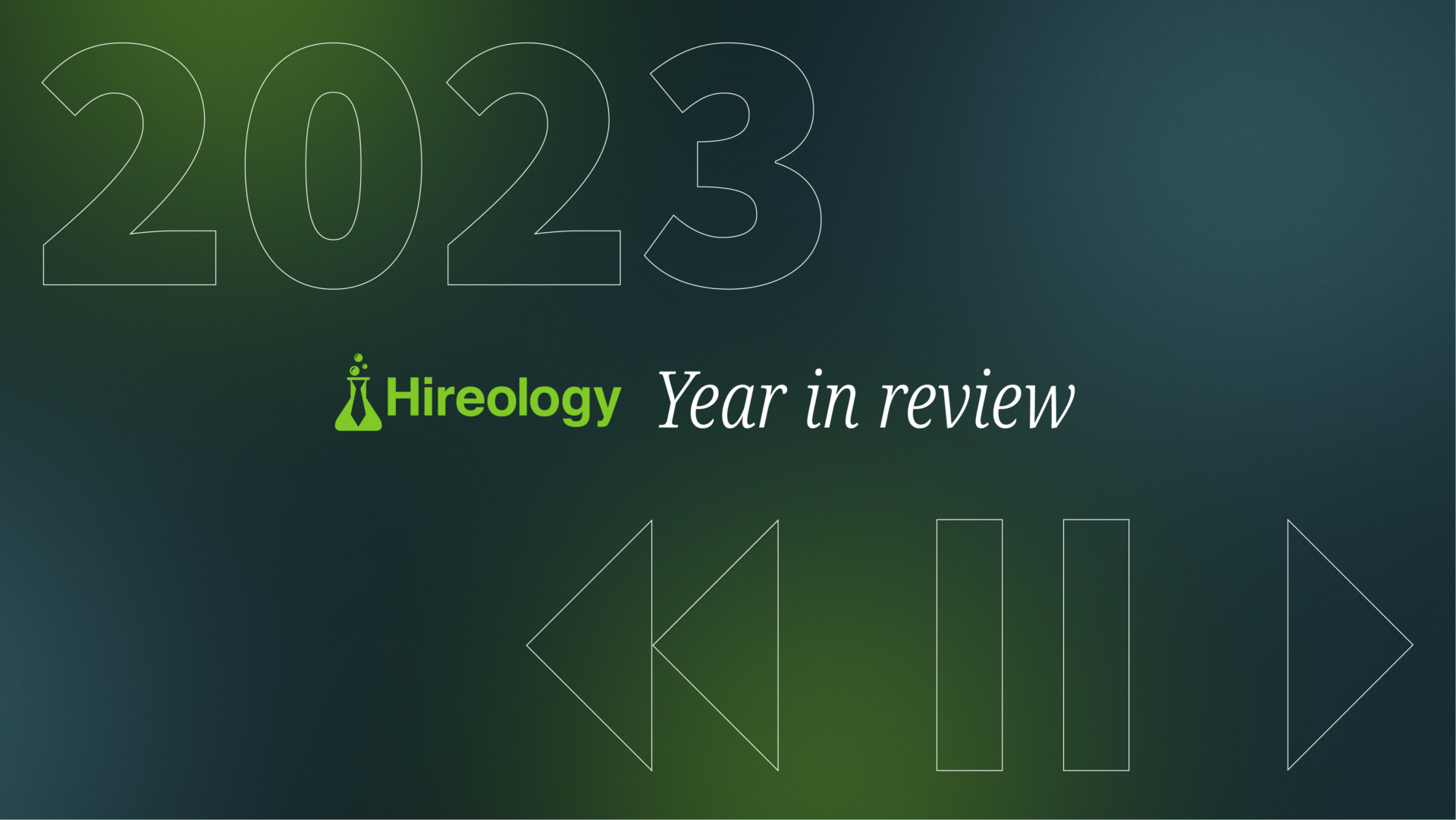 Text 2023 with Hireology logo and Year in review on green and blue gradient background with media icons.