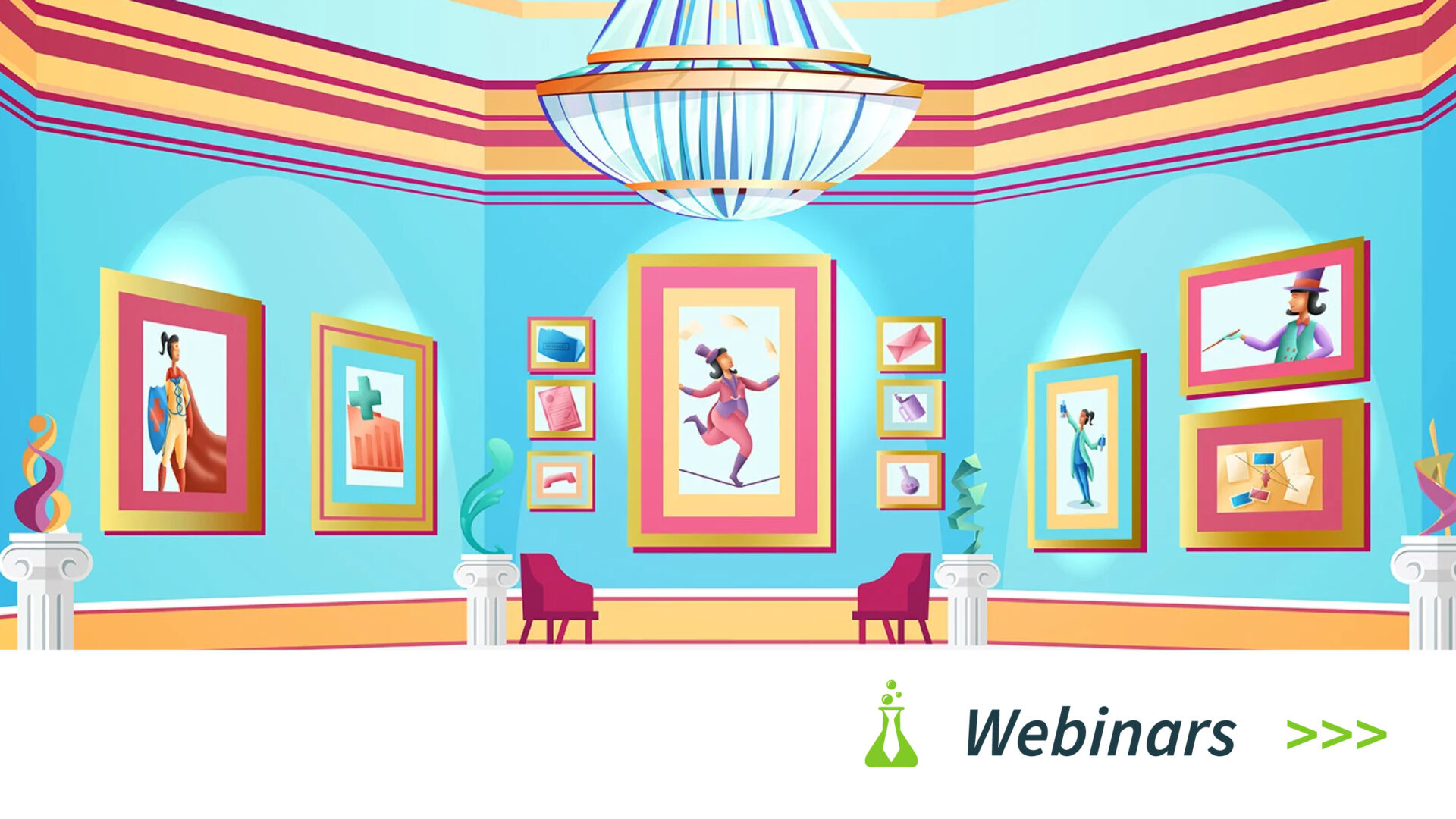 Illustration of a bright art gallery with colorful framed paintings and sculptures under a chandelier.