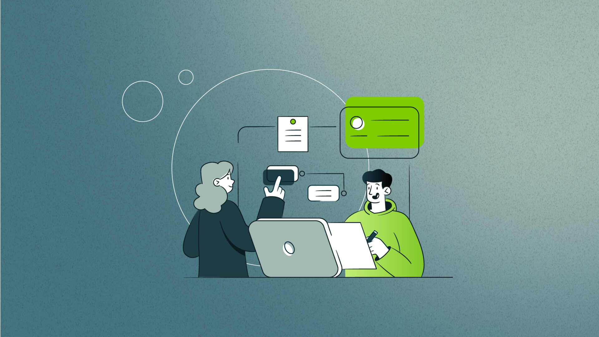 Two people collaborating with laptop and documents, surrounded by digital interface elements.
