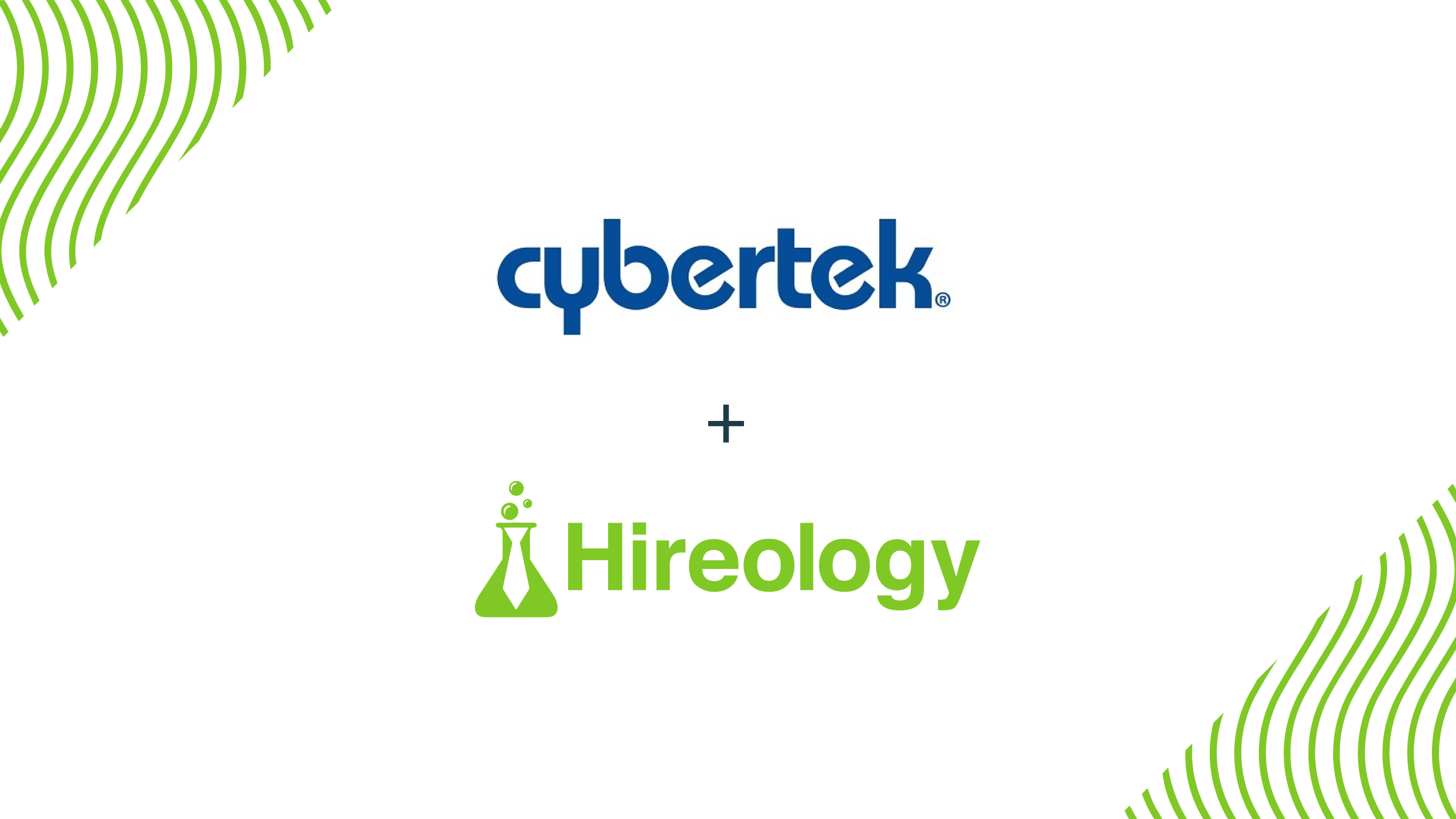 Blue Cybertek logo above a plus sign and green Hireology logo with a flask and tie icon on white background.