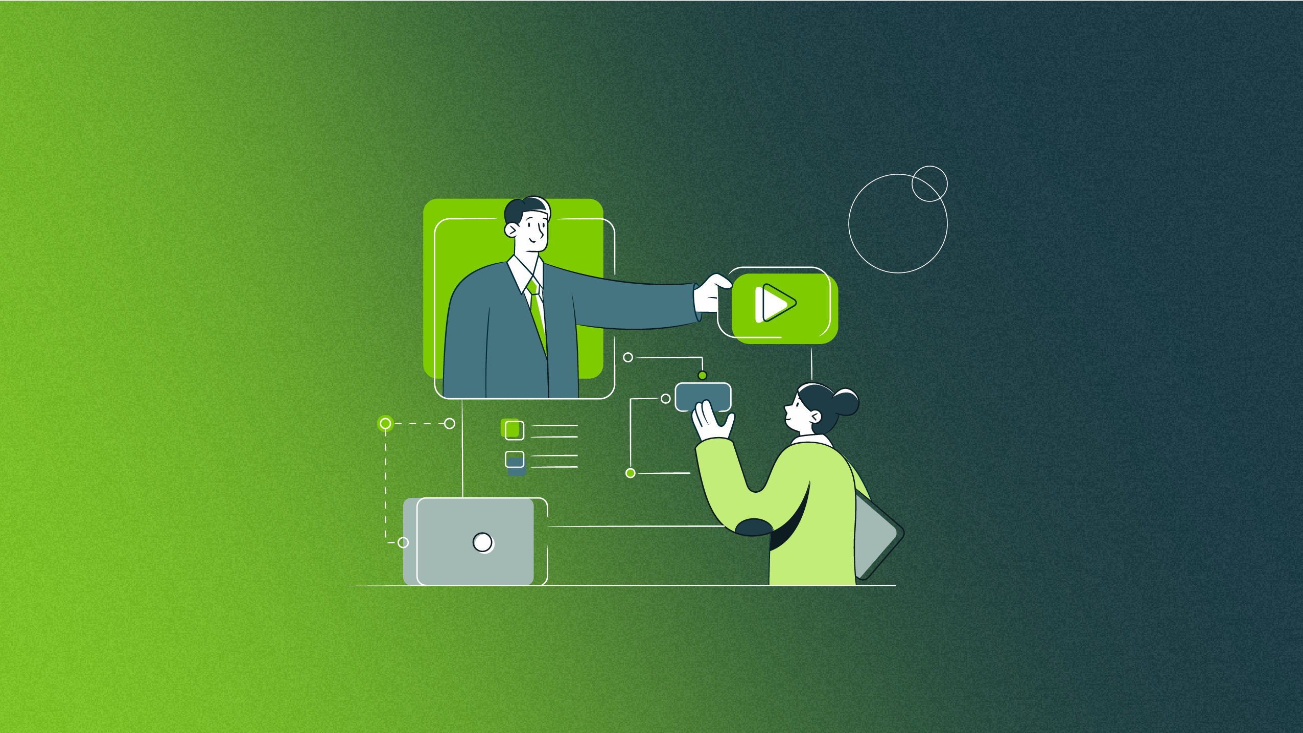 Illustration of two people interacting with digital play and data symbols on a green to dark blue gradient background.
