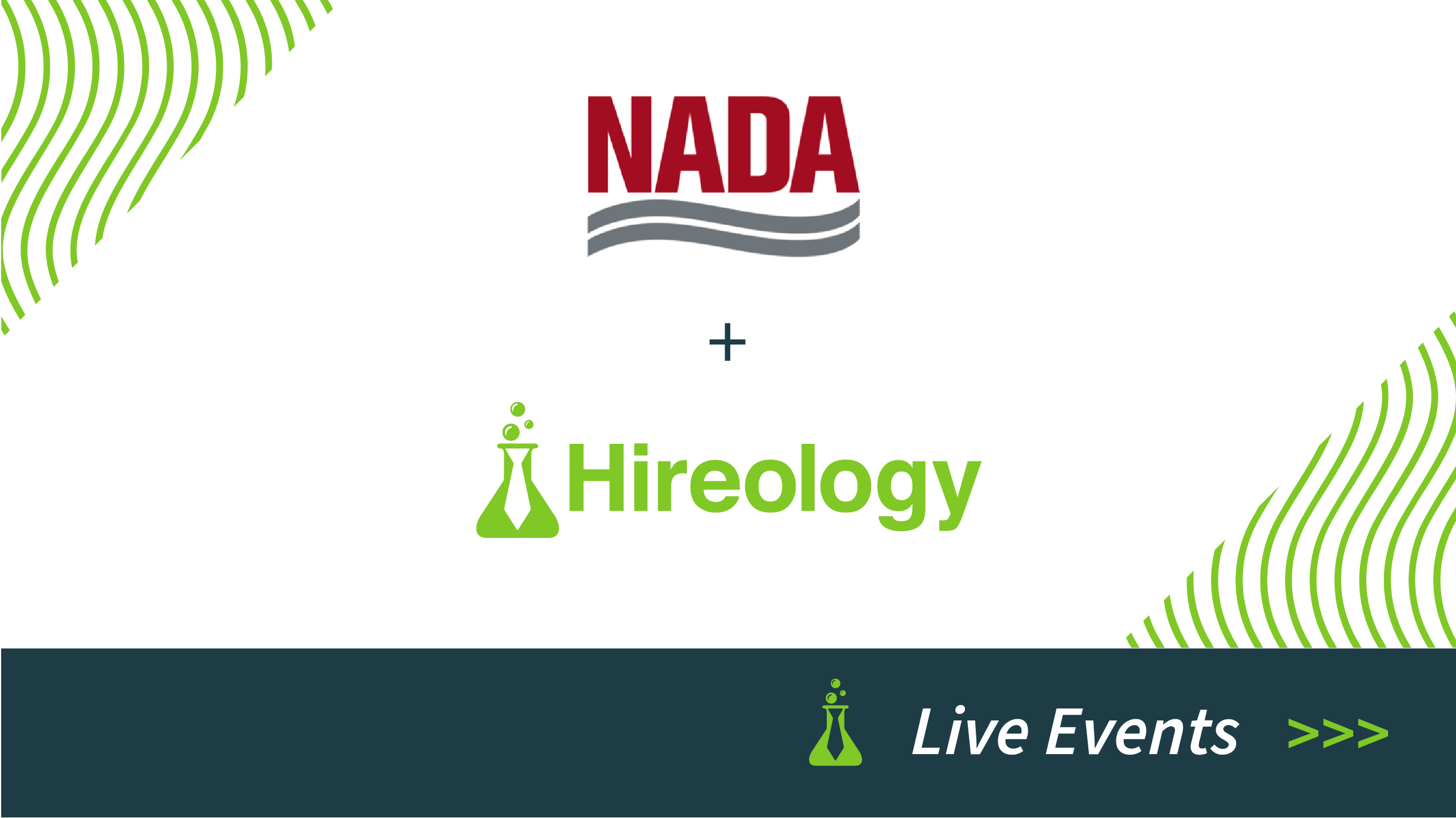 NADA and Hireology logos with Live Events text and green arrow on a dark blue banner.
