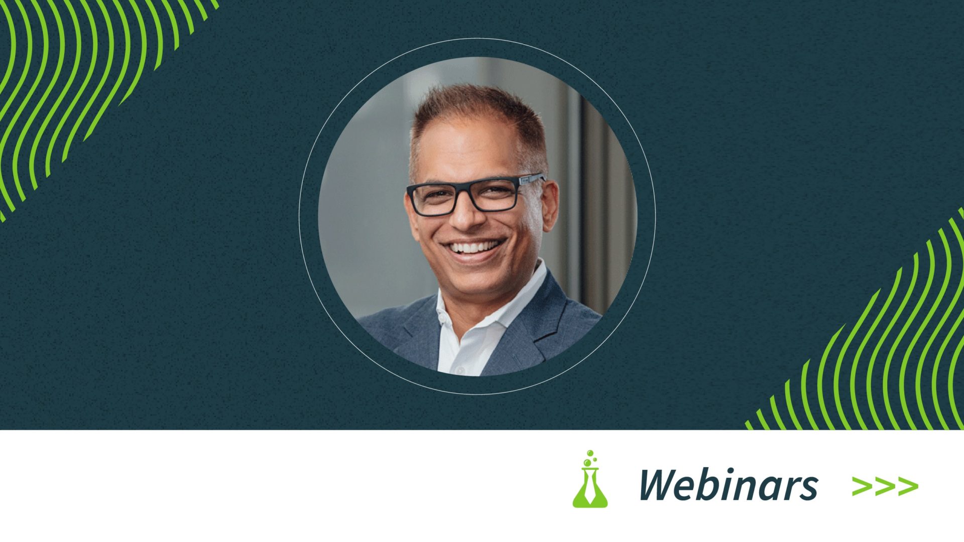 Smiling man with glasses in a suit inside a circle on a dark blue and green webinar banner.