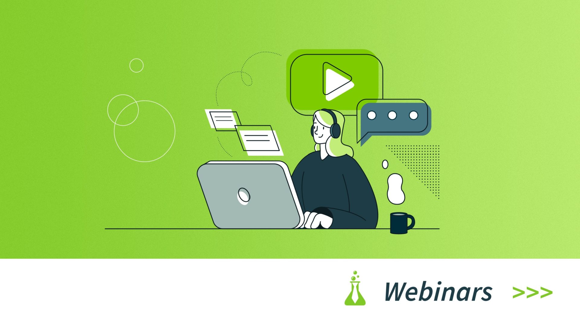 Illustration of a person with headphones on a laptop with video and chat icons on a green background.