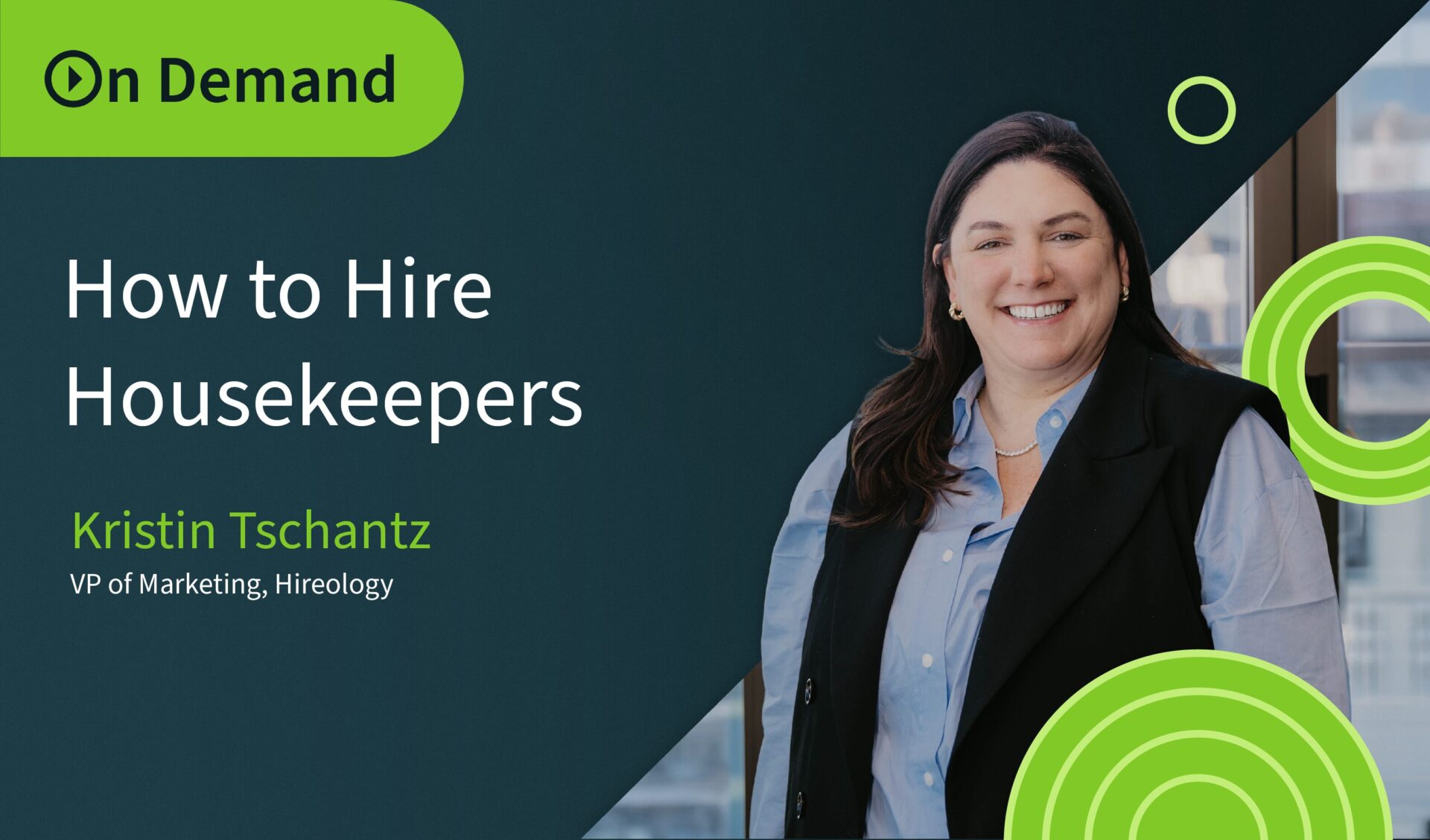 Smiling woman in blue shirt and black vest beside text on how to hire housekeepers webinar.