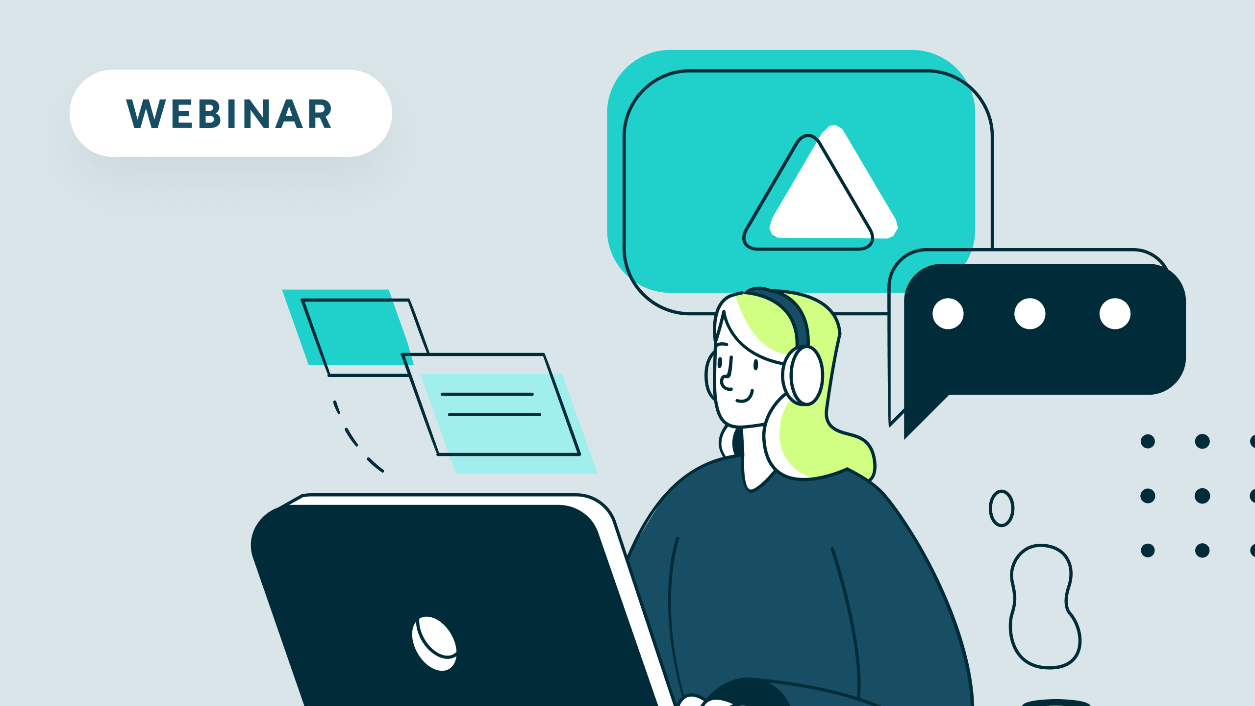 Illustration of a person wearing headphones using a laptop with webinar and chat icons around them.