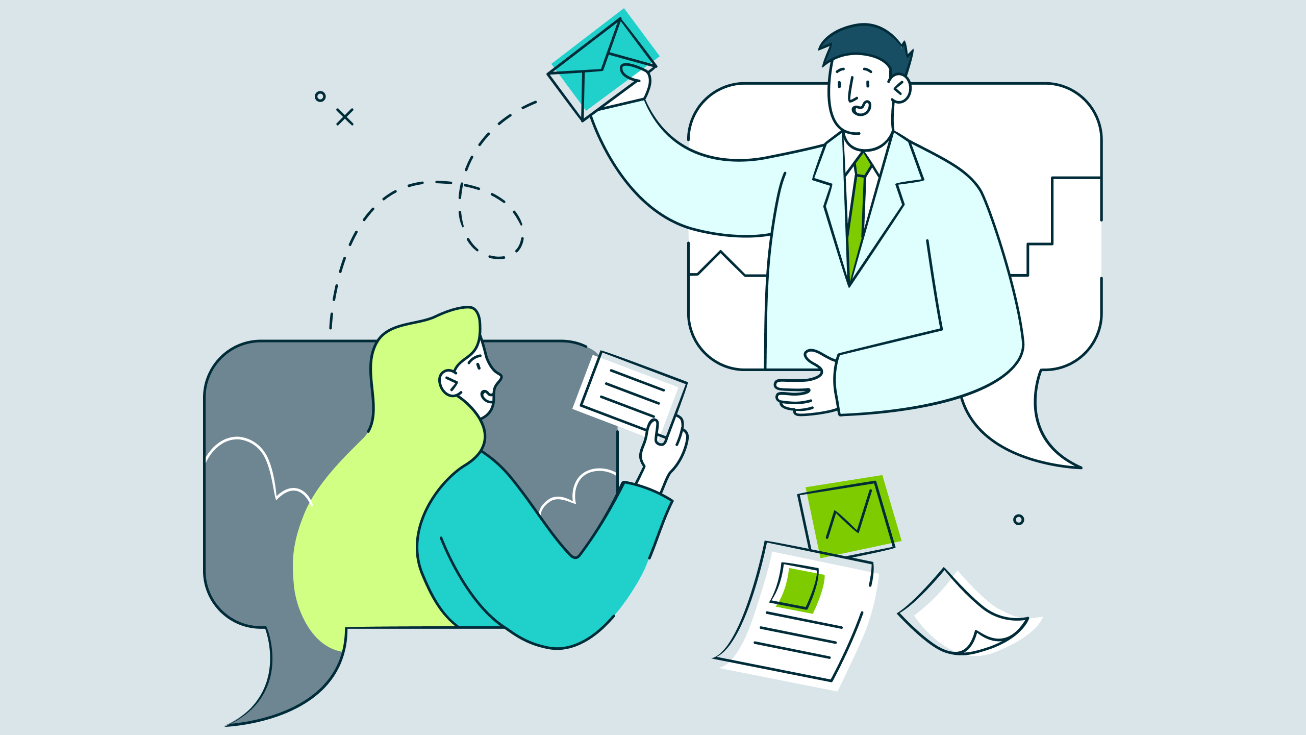 Illustration of two people exchanging messages with documents and envelope between them.