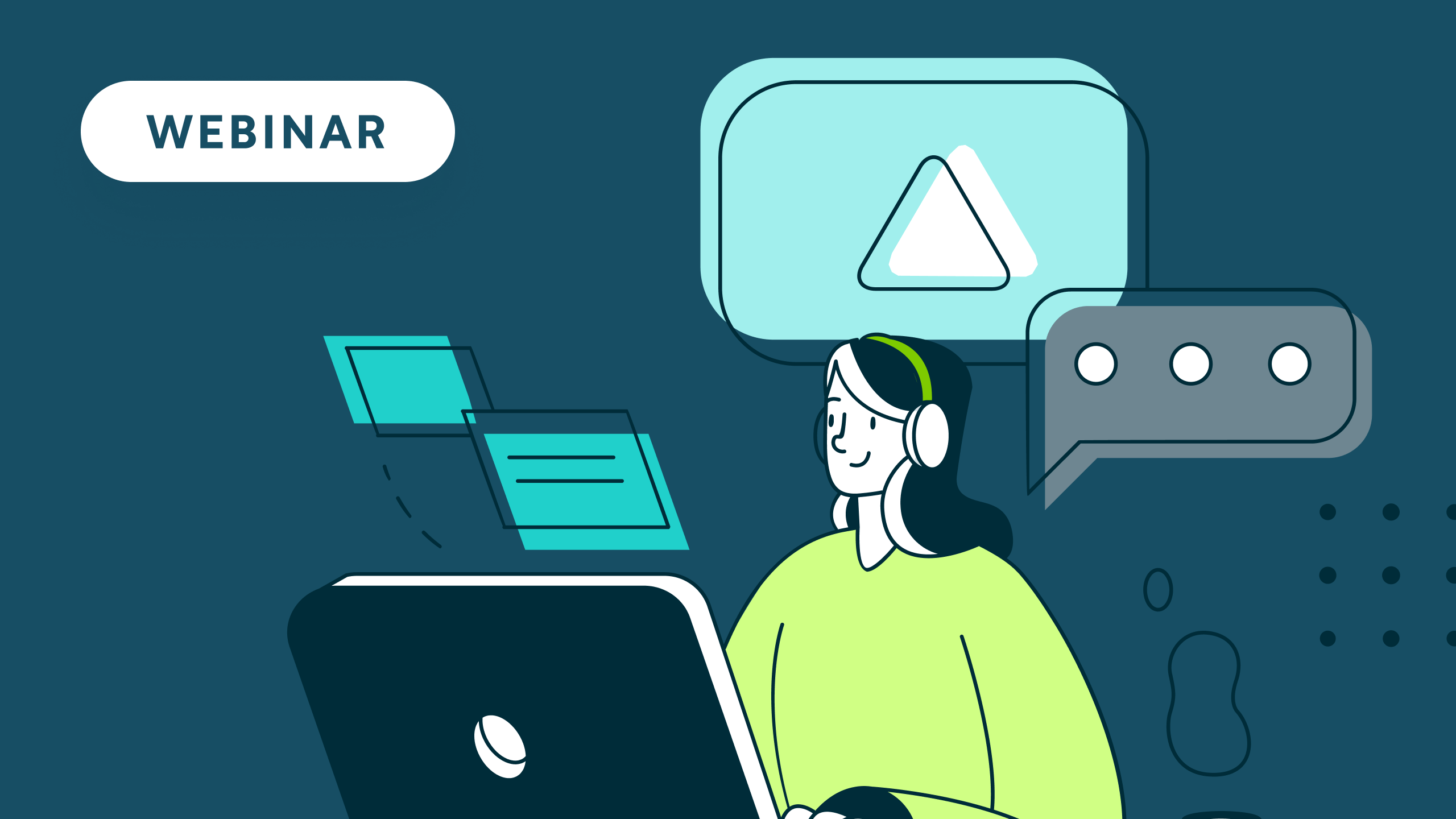 Illustration of a woman with headphones using a laptop with webinar and chat icons on screen.