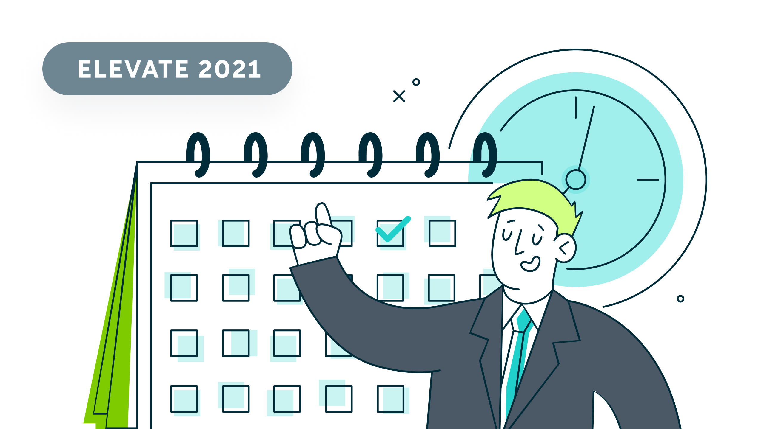 Cartoon man in suit pointing to a checked date on a desk calendar with a clock behind him.