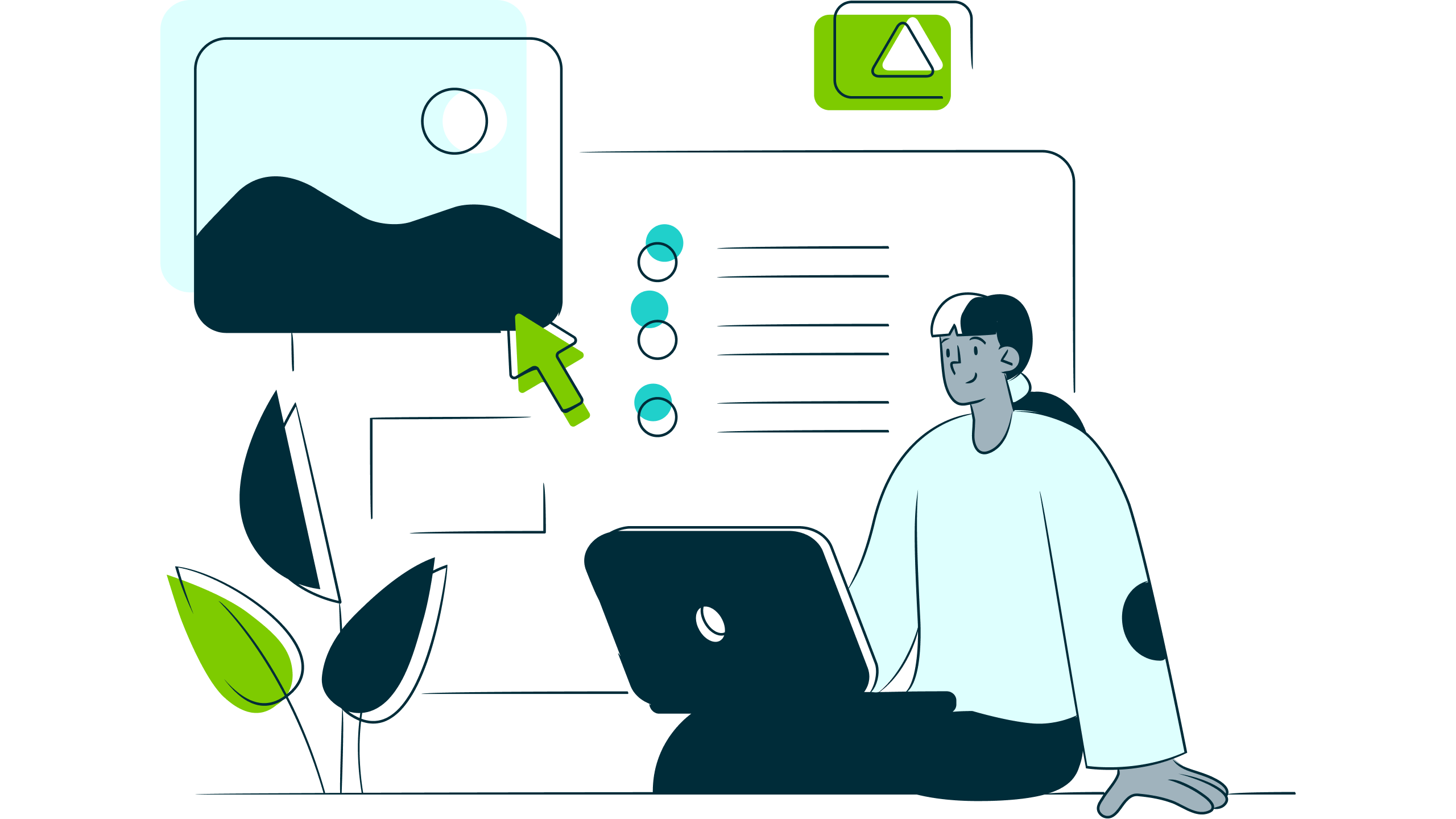 Person sitting with laptop surrounded by icons of images, checklists, and navigation arrows.