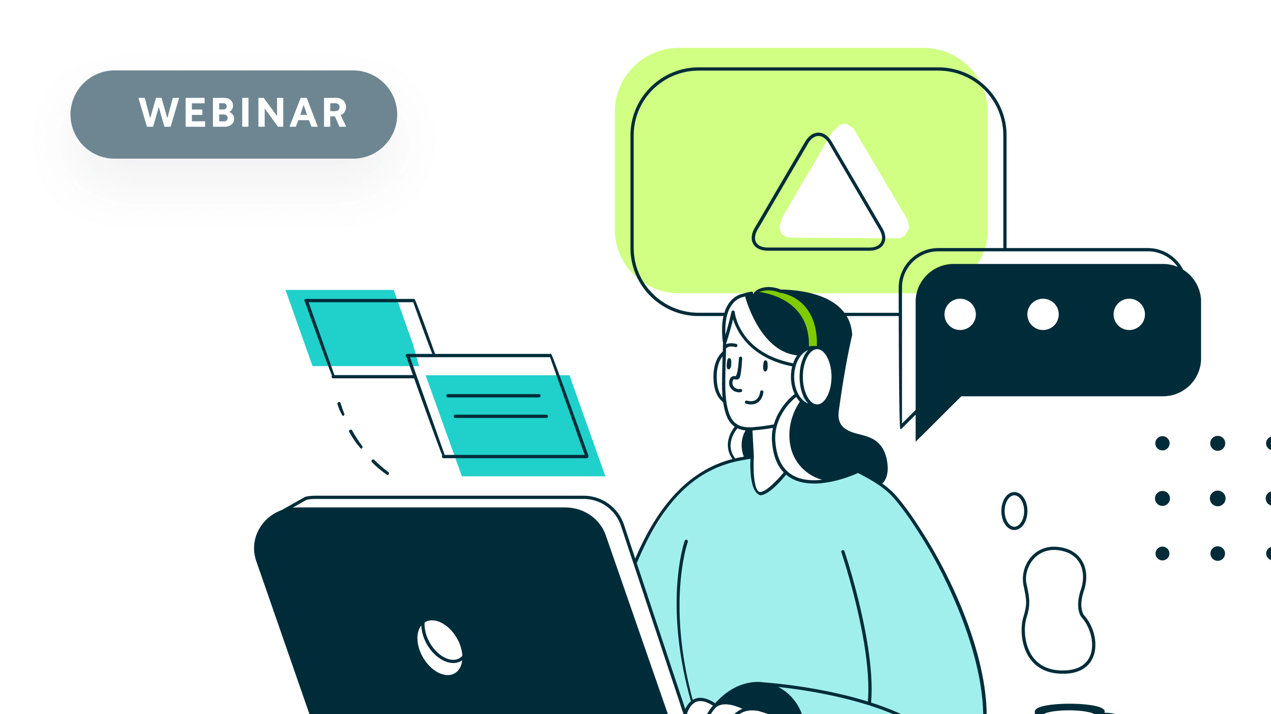 Illustration of a woman with headphones attending a webinar on a laptop with speech and media icons.