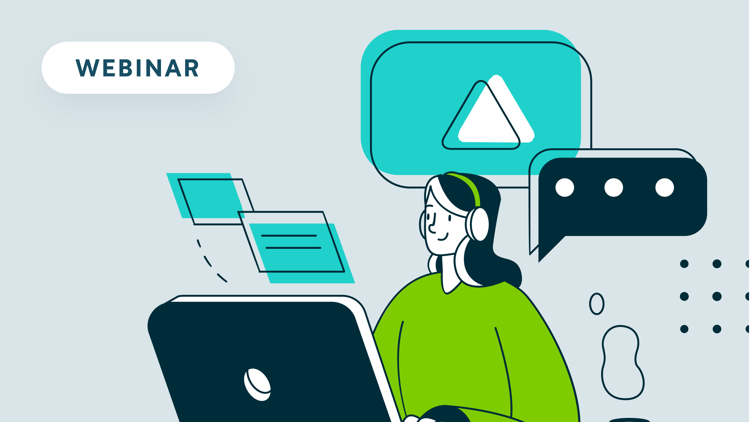 Illustration of a person with headphones using a laptop with webinar text and digital chat icons.