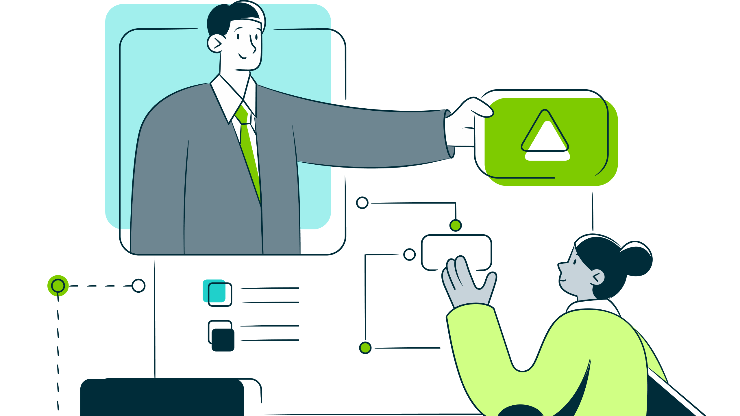 Illustration of woman interacting with a man on a screen who extends a hand holding a green button with an up arrow.