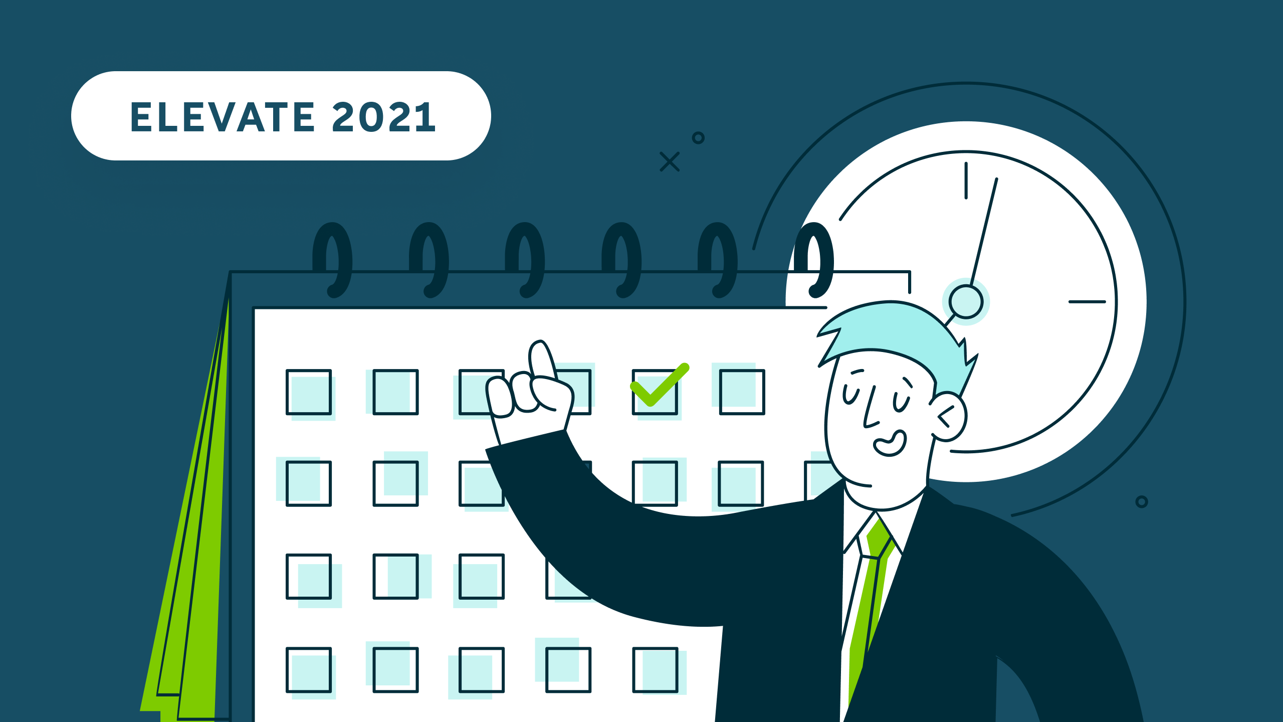 Illustration of a man pointing at a calendar date with a green checkmark and a clock in the background.