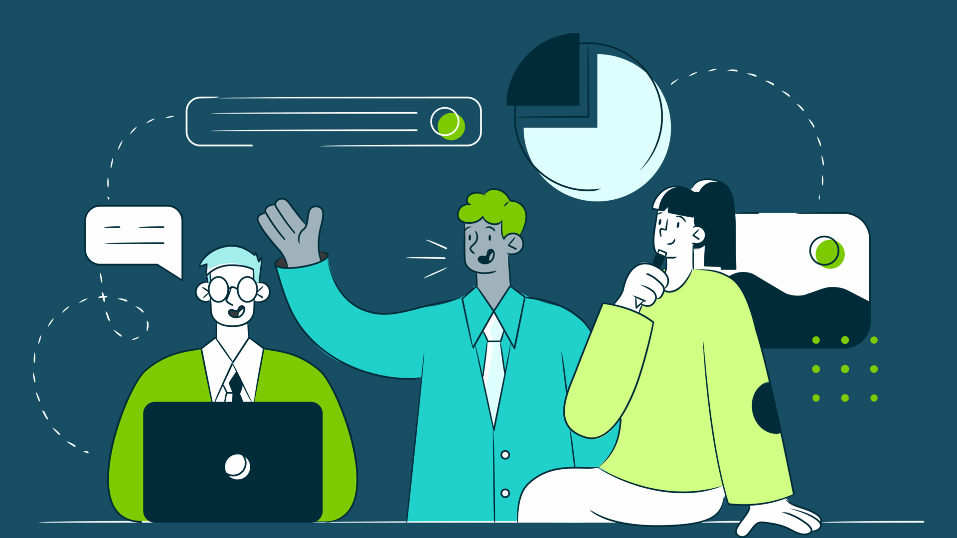 Three illustrated people collaborating with charts, chat bubble, and computer on a dark blue background.