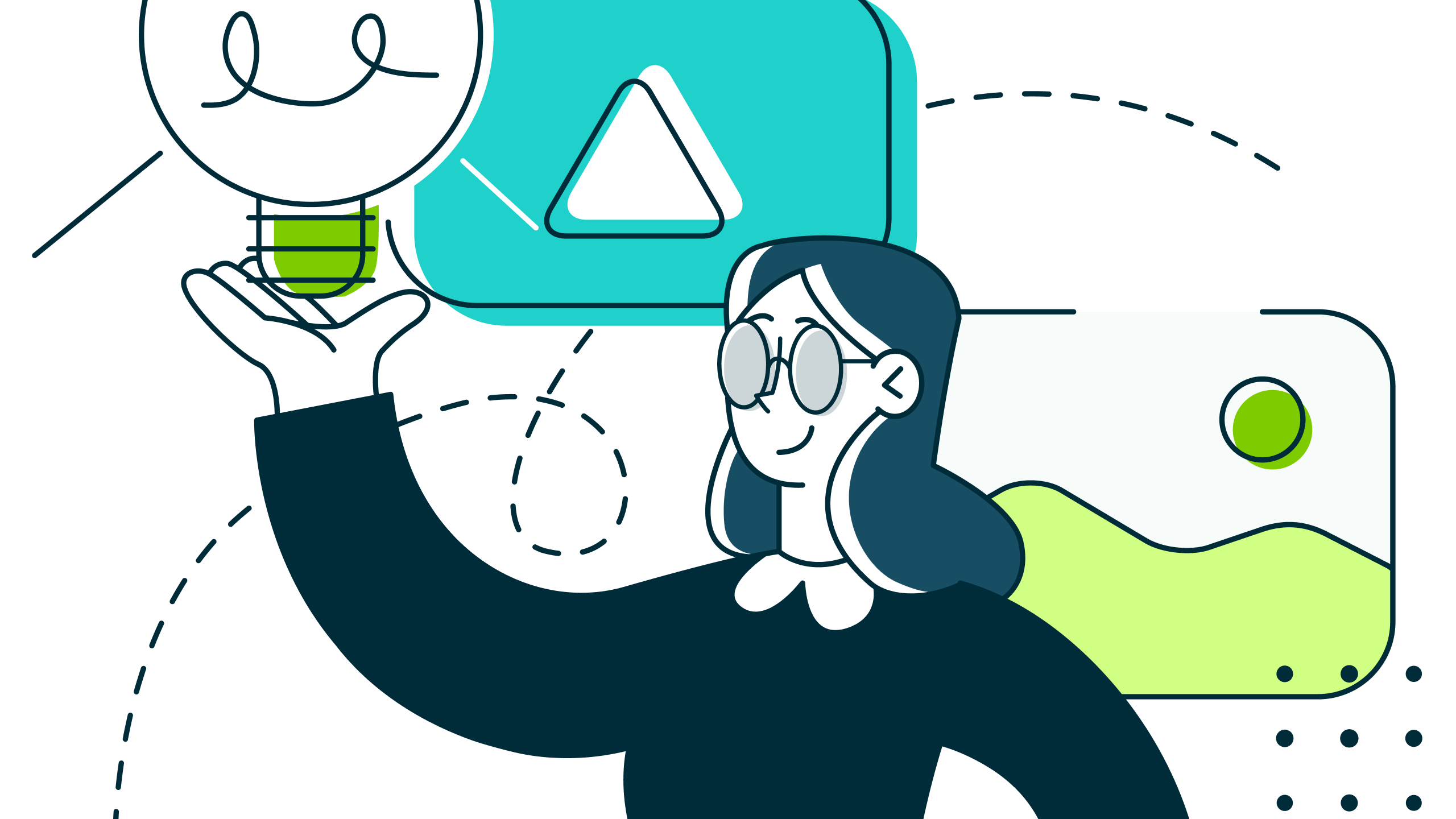 Illustration of a woman holding a glowing lightbulb above her hand with abstract shapes behind her.