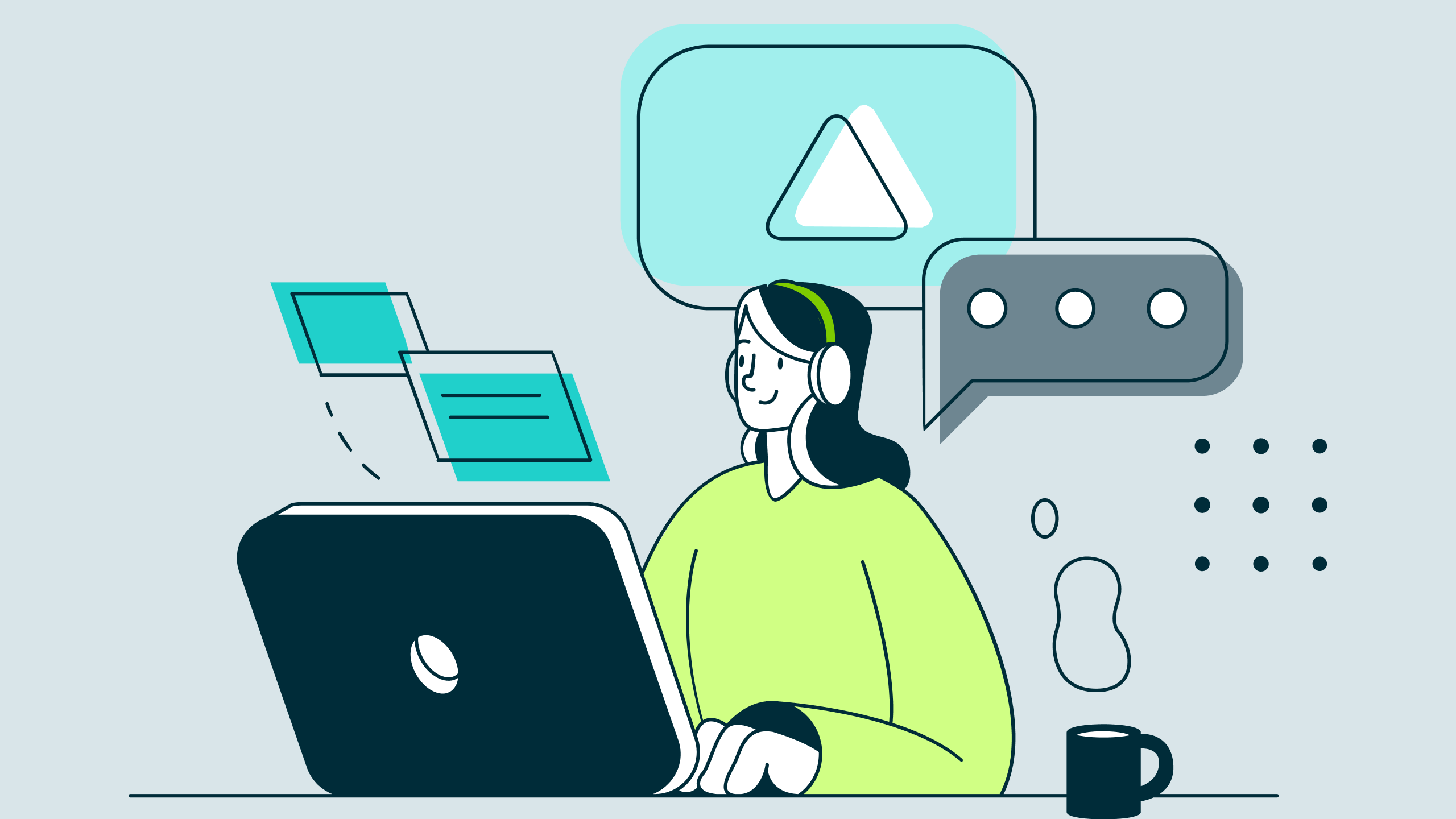 Person with headphones working on laptop with chat and video icons in background and coffee cup nearby.