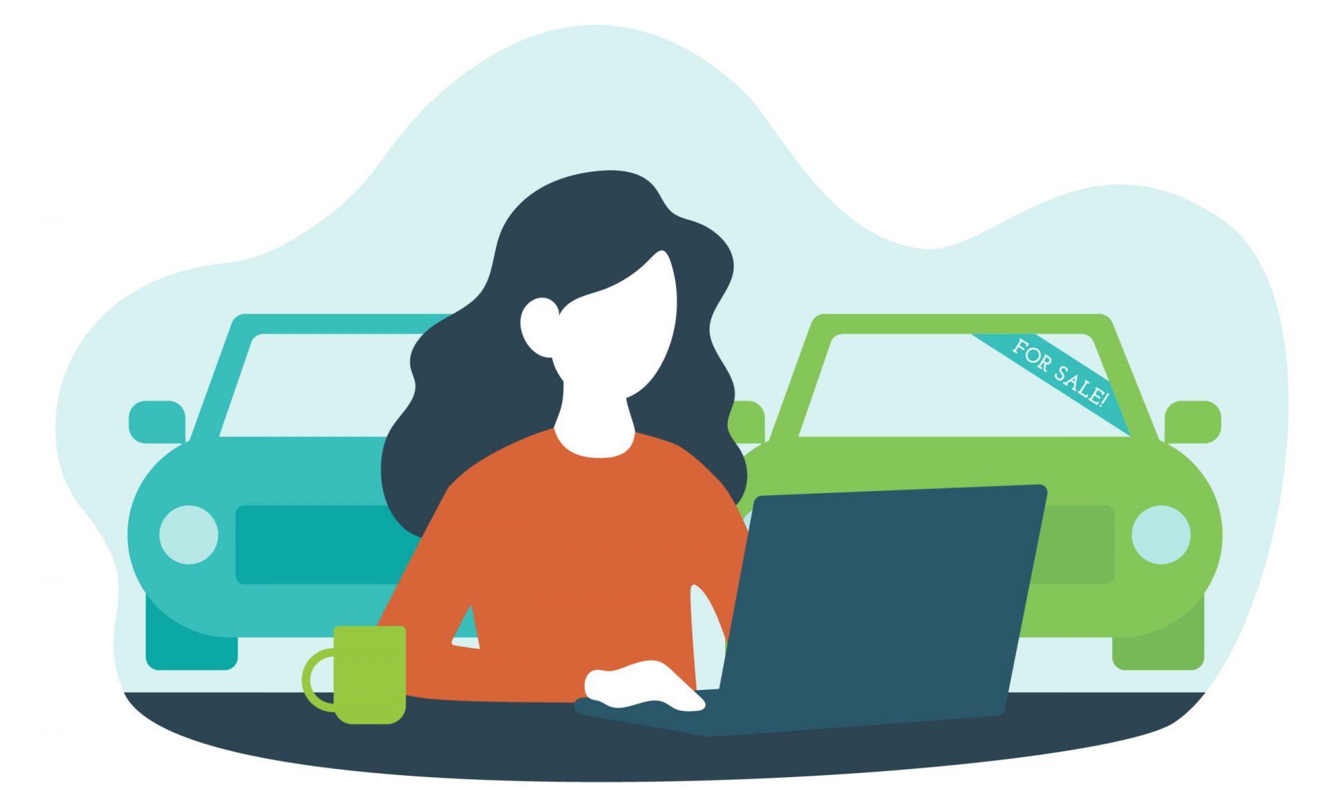 Woman with dark hair at a laptop with two cars behind her, one green with a 'For Sale' sign.