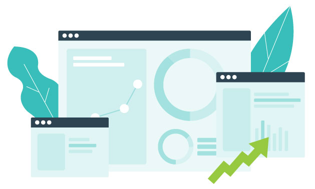 Illustration of multiple data analytics windows with charts and an upward green arrow showing growth.