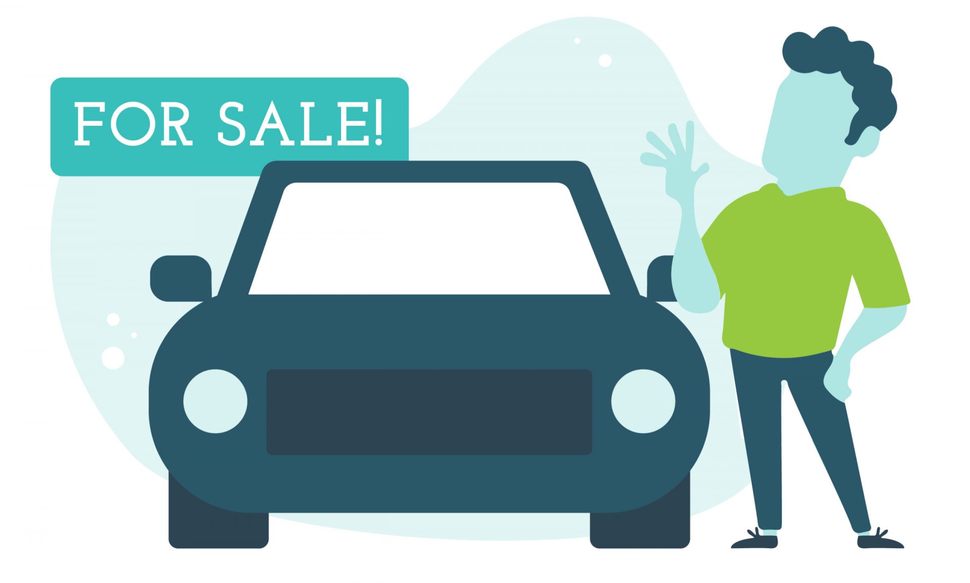 Illustration of a car with a person waving and a 'FOR SALE!' sign above the car.